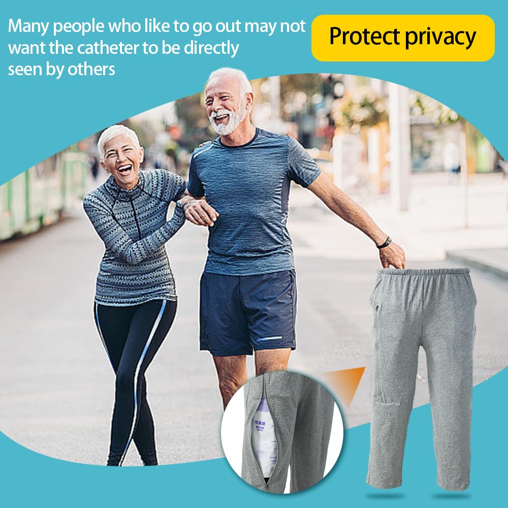 Catheter Leg Bag Pants for Men & Women - Breathable Cotton Knit Pants with Dual Pockets for Urinary Catheters | Comfortable Medical Underwear for Daily Wear & Hospital Use