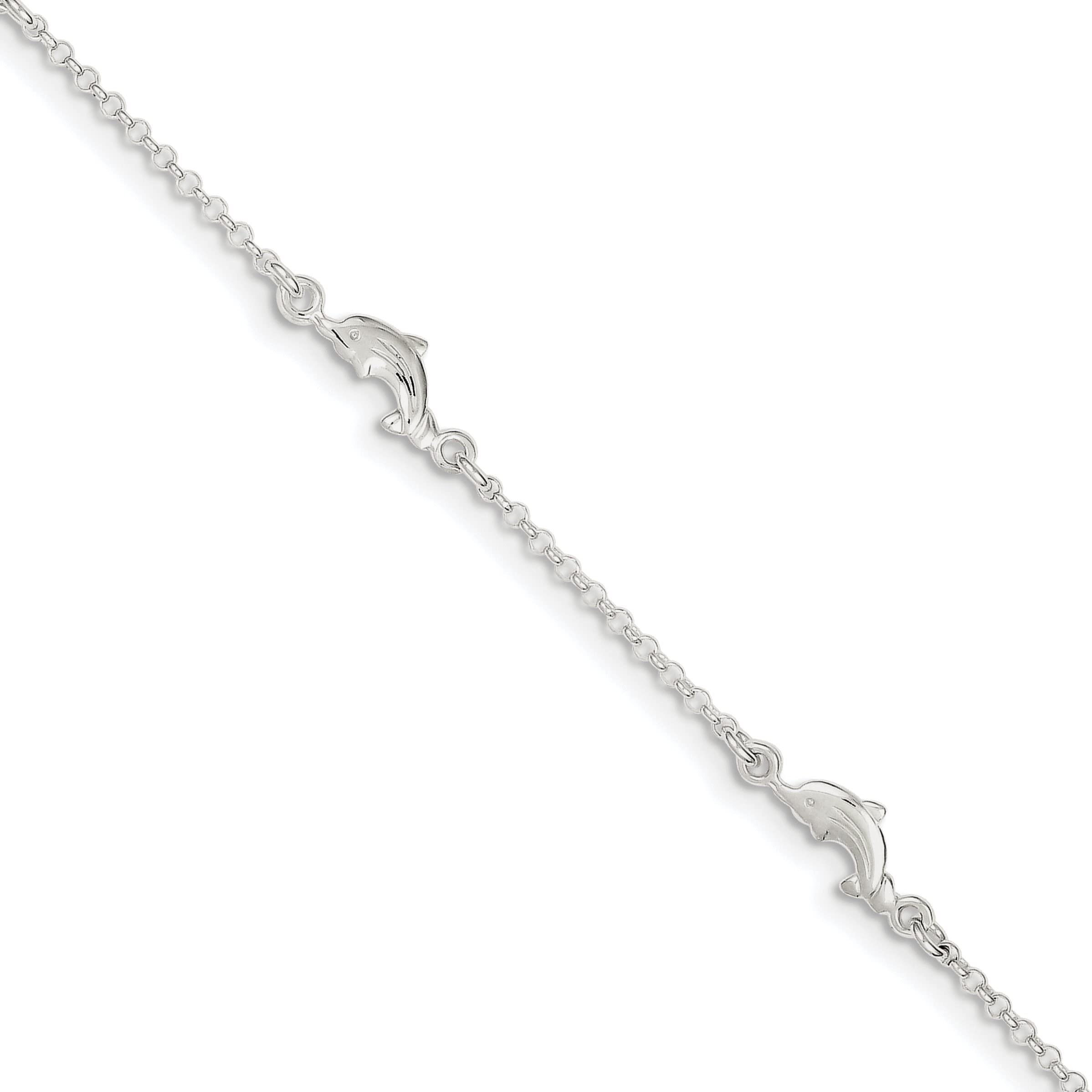 FindingKing Sterling Silver Polished Dolphin Anklet Bracelet - 9
