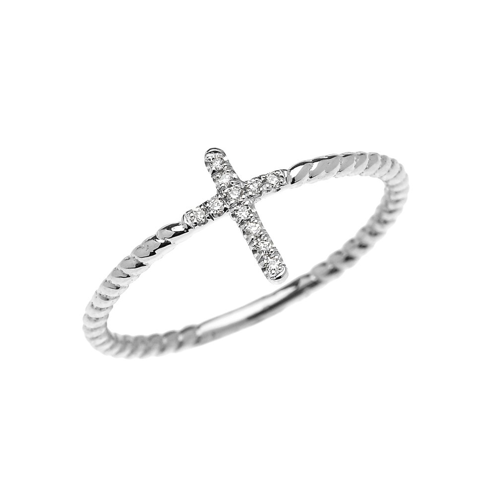 10K White Gold Dainty Diamond Cross Rope Design Ring for Women - Elegant Religious Jewelry Gift for Baptism, Confirmation & Everyday Wear