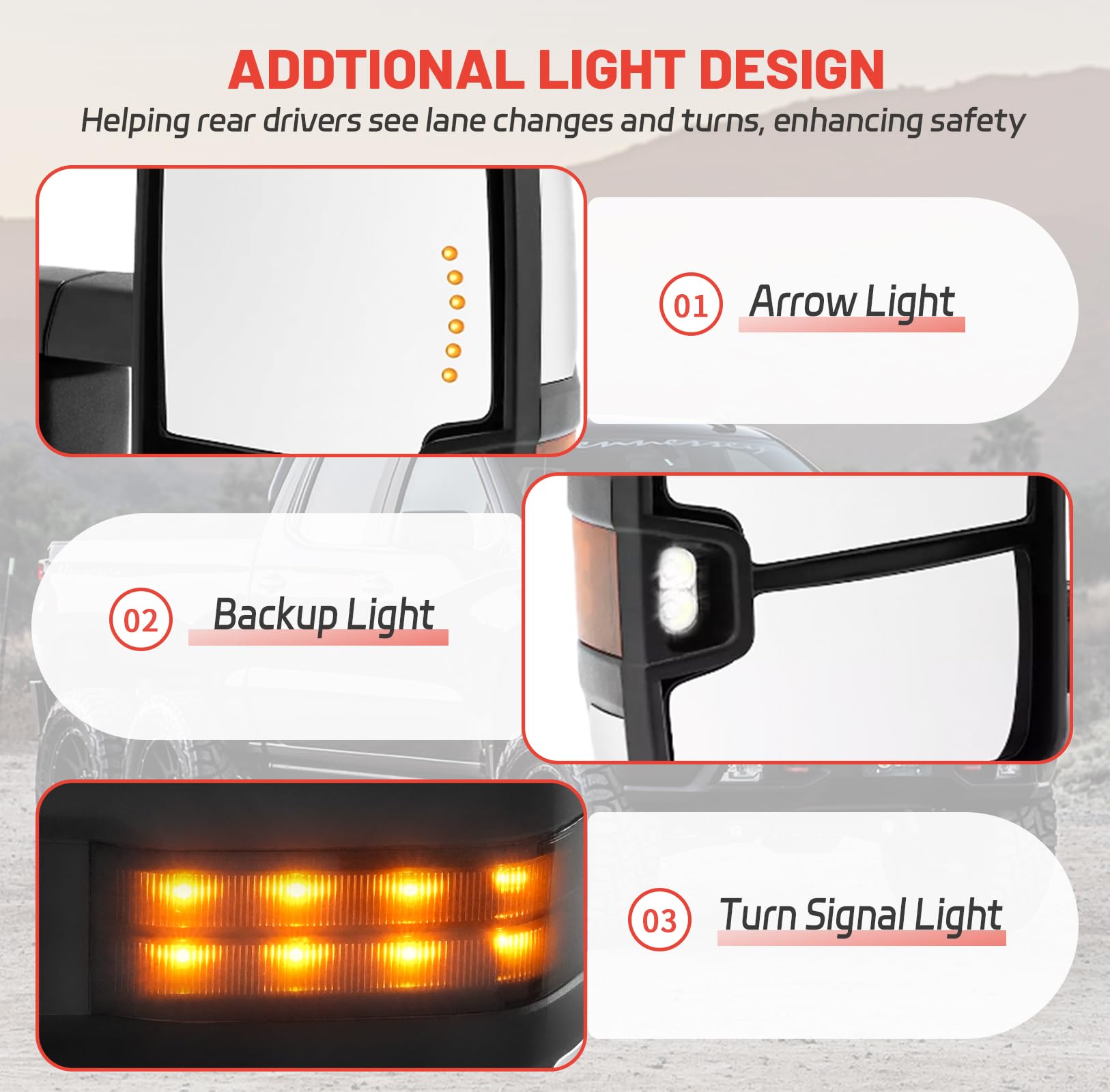 Heavy Duty Towing Mirrors for 2014-2018 Chevy Silverado/GMC Sierra 1500/2500/3500 HD - Power Heated, LED Arrow Lights, Smoked Turn Signal - Perfect for Trailering, RV & Off-Road Adventures