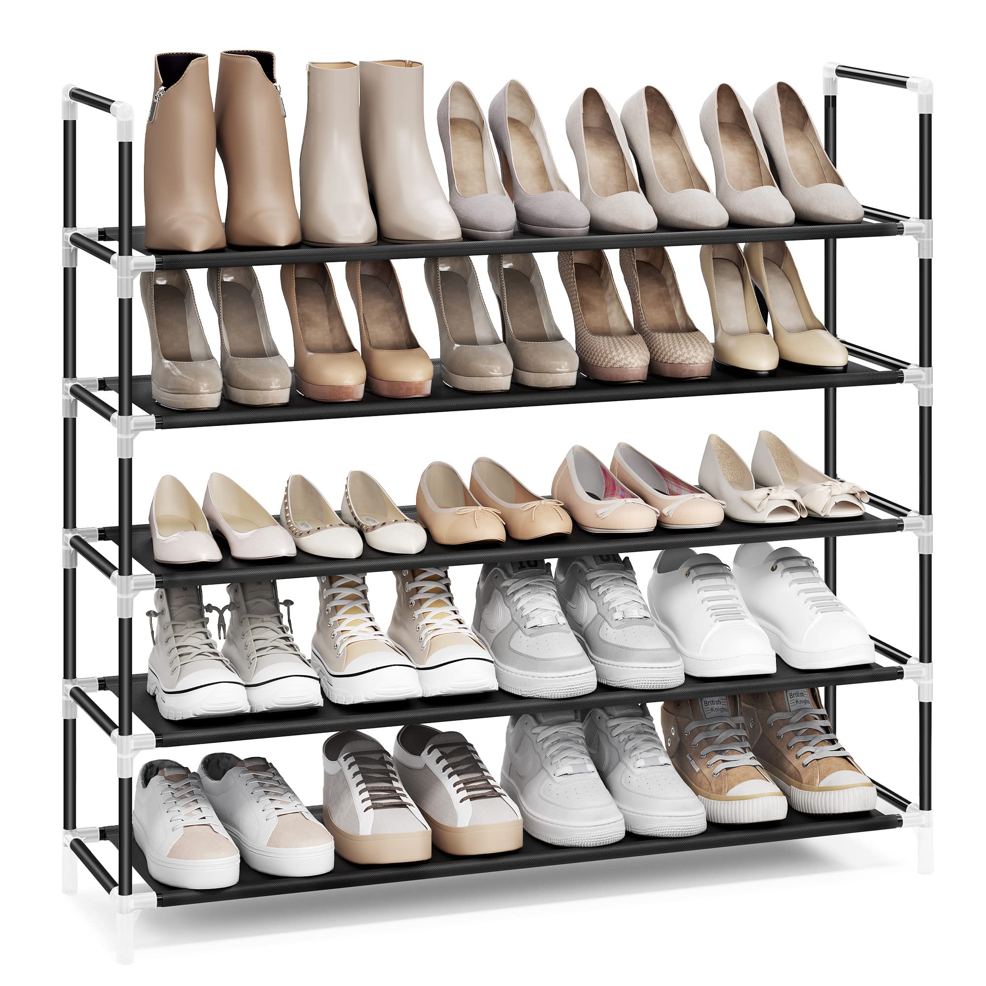 SONGMICS 5-Tier Shoe Rack Organizer - Space Saving Metal Frame Shoe Storage with Non-Woven Fabric Shelves for Hallway, Closet, Entryway - Black (ULSH55H) - Perfect for Small Spaces & Apartment Living