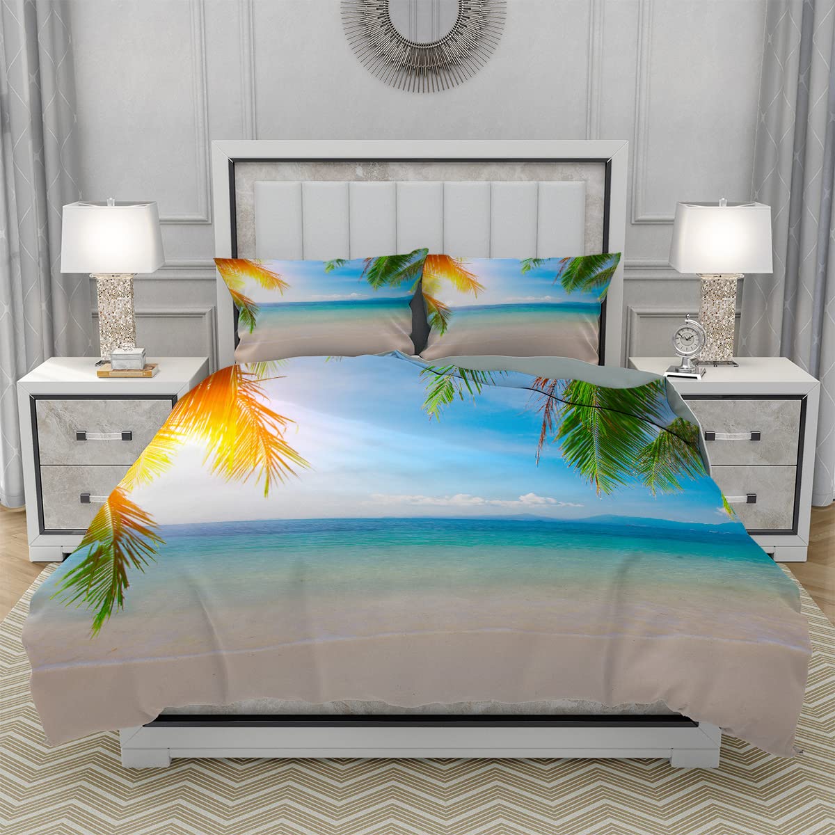 Tropical Beach Sand Duvet Cover Set Twin Size - Ocean Waves & Palm Tree Design, Soft Microfiber 3-Piece Bedding Set with Comforter Cover & 2 Pillowcases for Kids, Boys & Teens Room Decor | Perfect for Coastal Themed Bedrooms, Summer Vacation Homes & Beach House Retreats