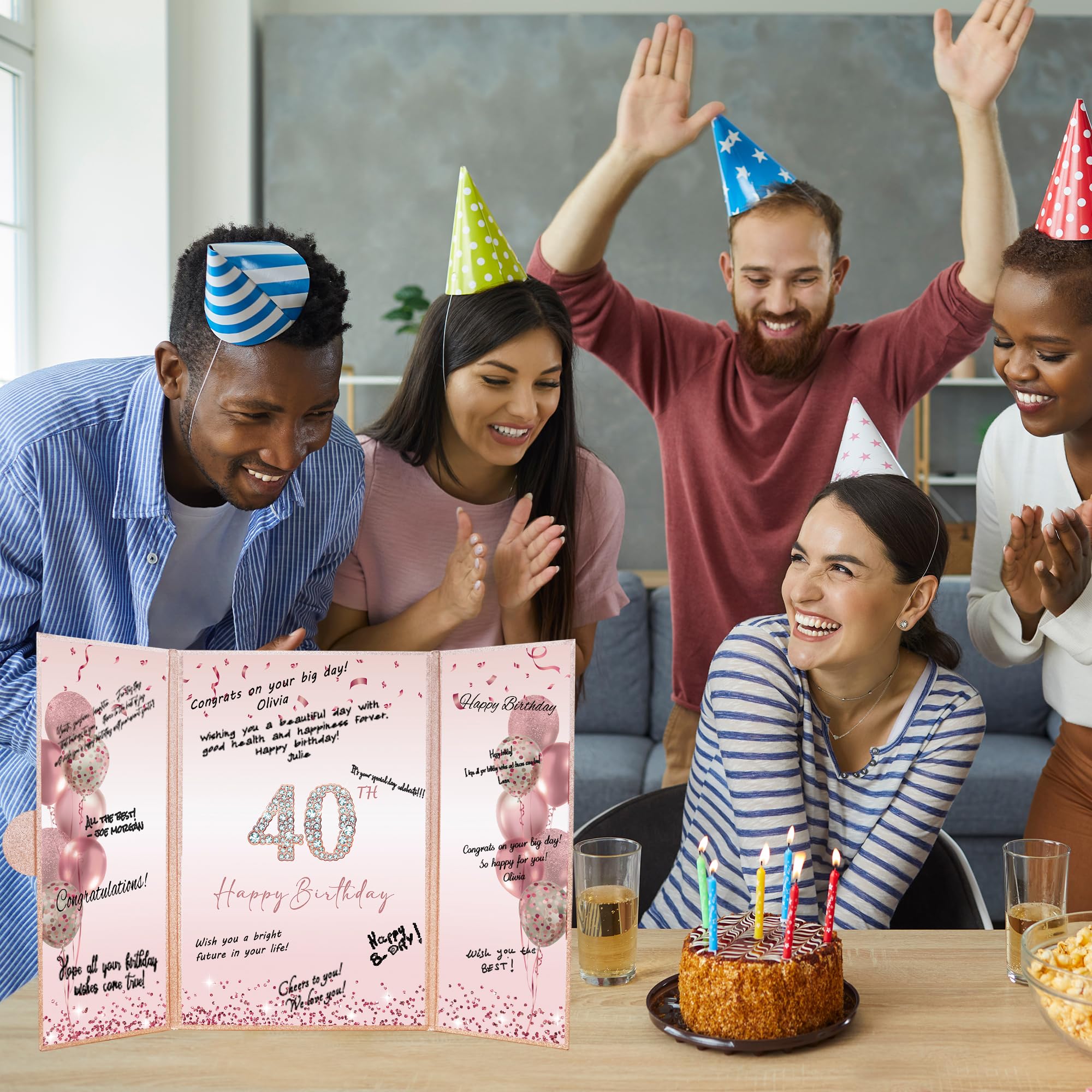 DARUNAXY Rose Gold 40th Birthday Party Decorations Set - Happy 40th Birthday Guest Book Alternative for Women, Pink 'Cheers to 40 Years' Signing Board - Perfect for Milestone Celebrations, Birthday Party Supplies & Photo Backdrop