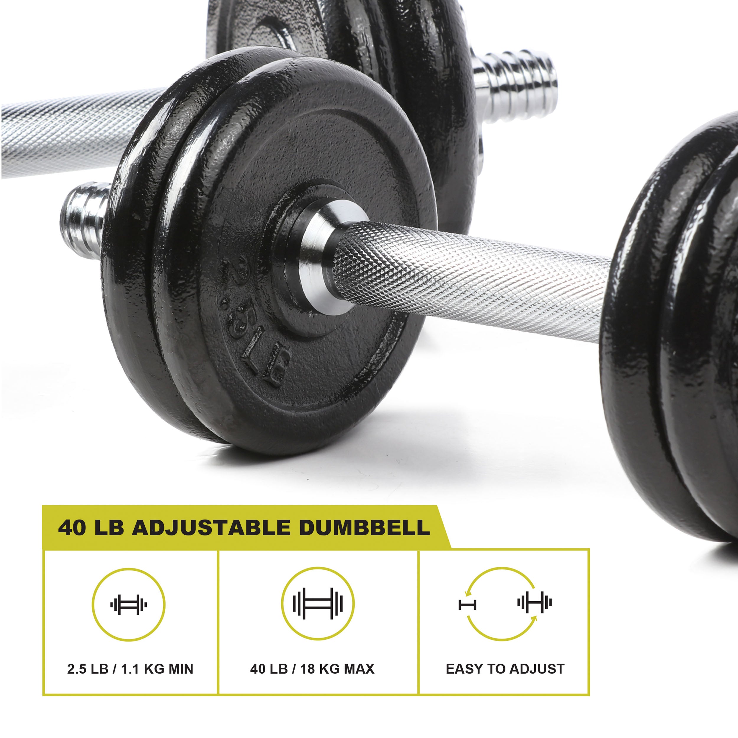 PRCTZ 40lb Adjustable Cast Iron Dumbbell Set with Anti-Roll Design - Home Gym Strength Training Equipment for Weight Lifting, Muscle Building & Fitness Workouts