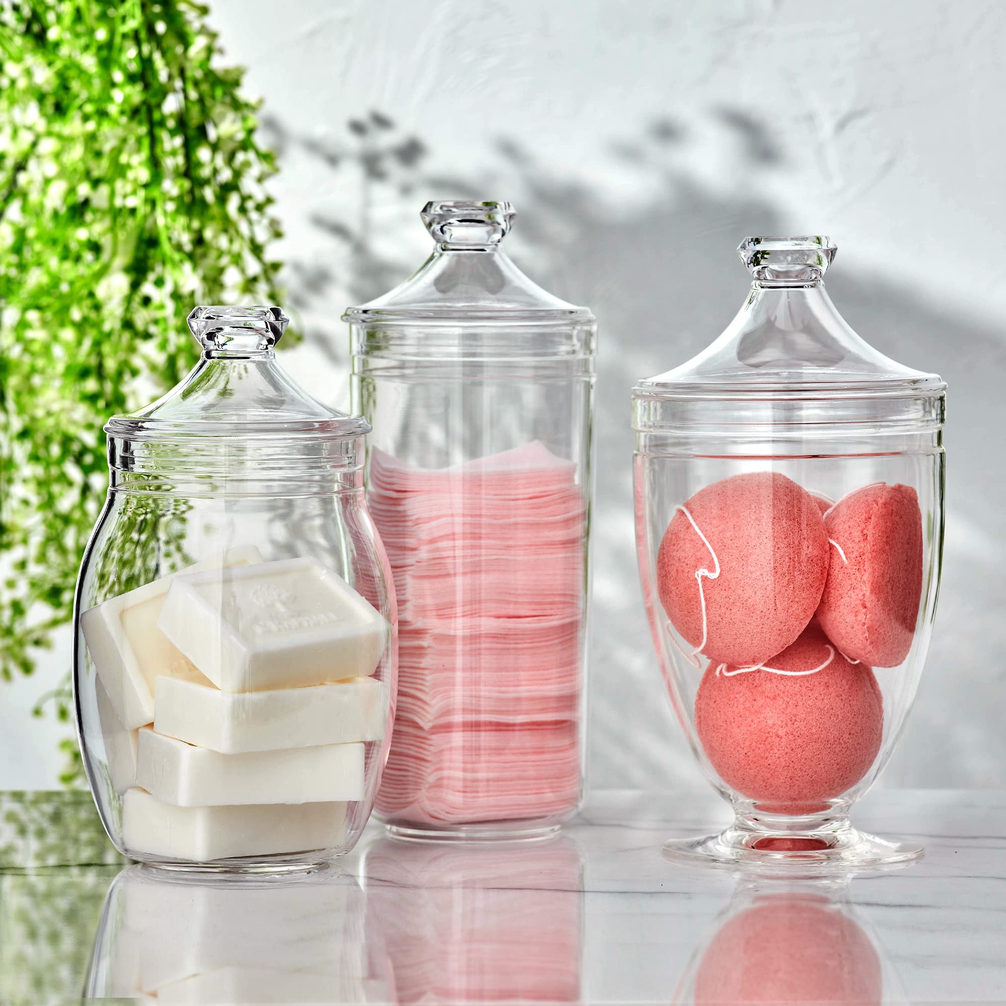 Amazing Abby - Adore - 3-Piece Plastic Apothecary Jars Set (52/46/46 oz) with Lids, BPA-Free Shatter-Proof Acrylic Canisters for Bathroom Storage, Candy Buffet, Wedding Decor, Kitchen Pantry & Home Organization