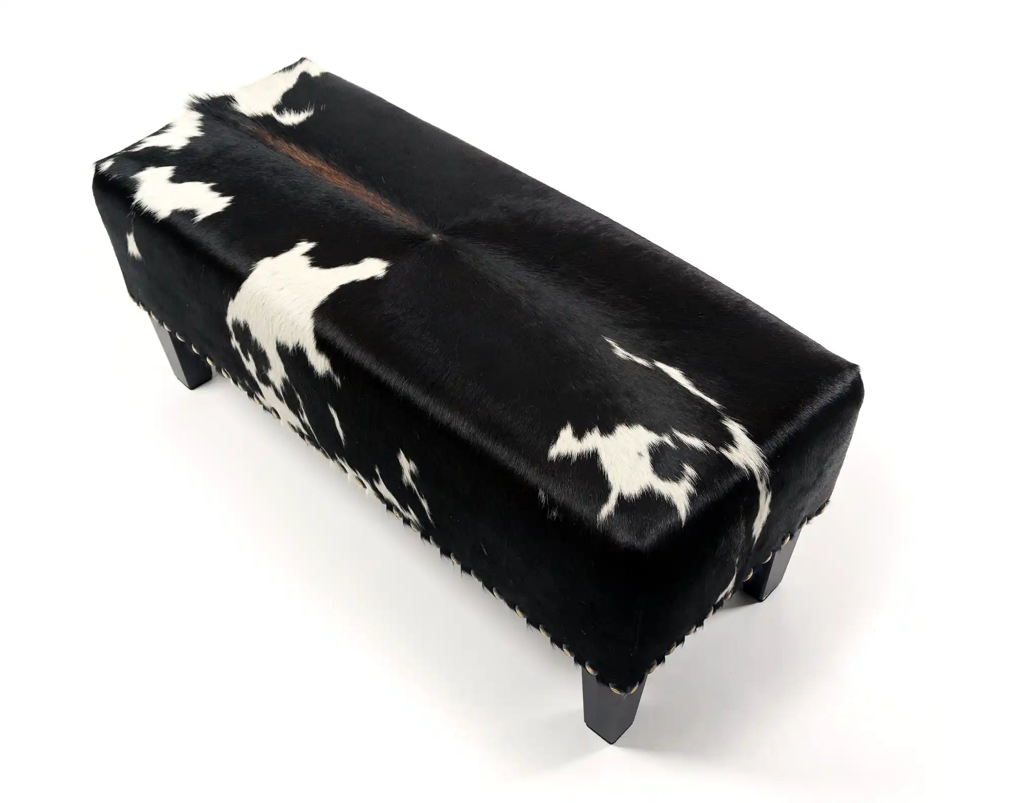 Premium Cowhide Ottoman with Sturdy Wood Legs & Studs - 100x40x40cm - Perfect for Living Room, Bedroom & Home Decor