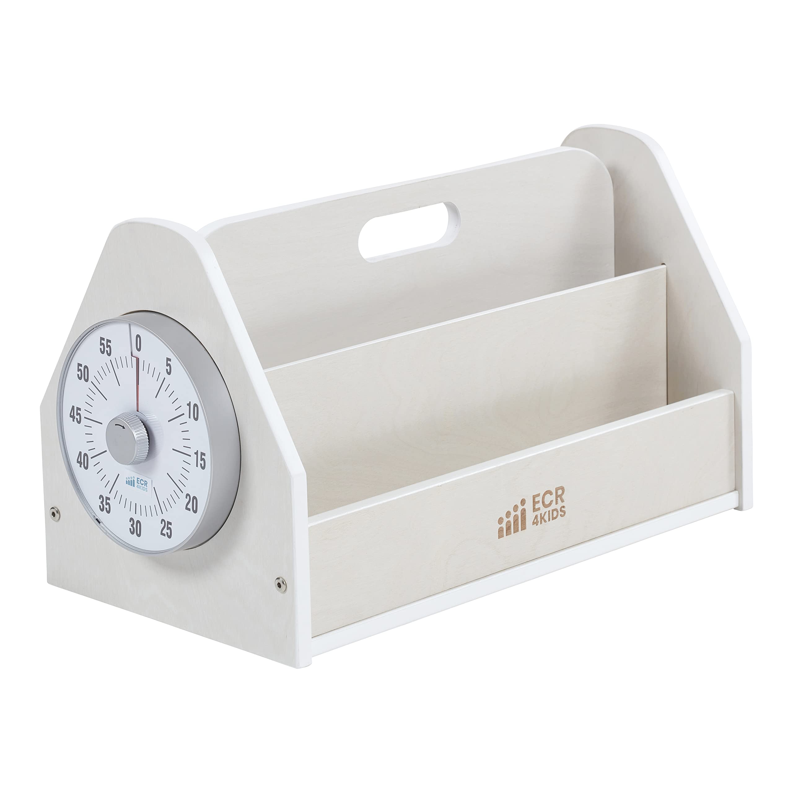 ECR4Kids Double-Sided Book Caddy with Countdown Timer - Portable Classroom Library Organizer in White Wash | Perfect for Reading Corners, Homeschooling & Classroom Storage