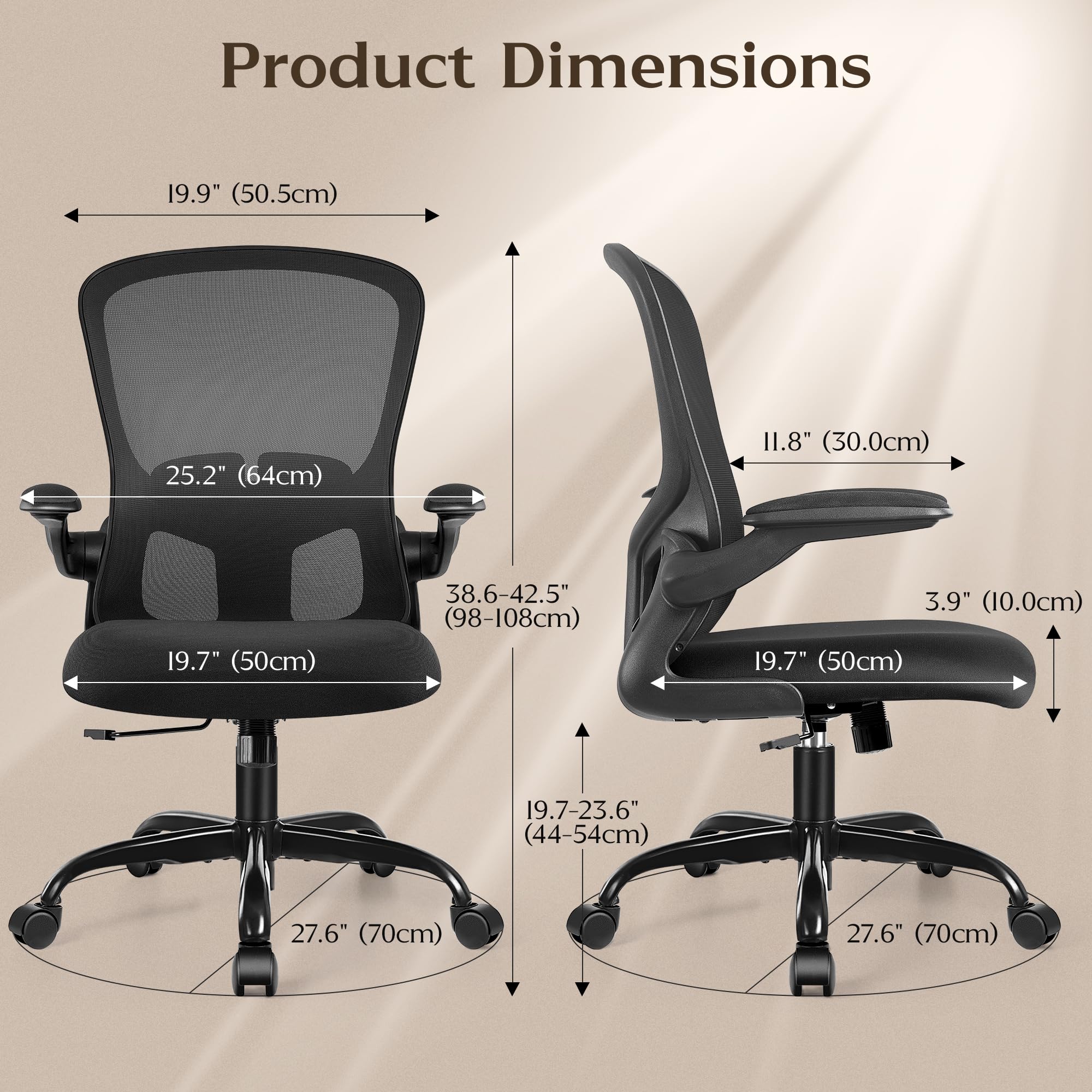 FelixKing Ergonomic Office Chair with Wheels - Adjustable Lumbar Support & Height, Swivel Computer Desk Chair with Flip-Up Armrests & Mesh Backrest - Perfect for Home Office, Gaming, and Workspaces (Black)