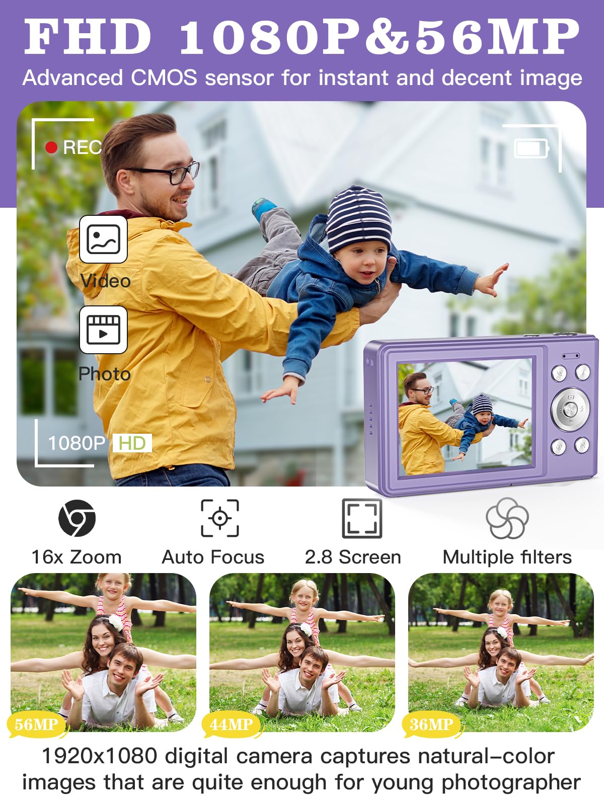 56MP FHD 1080P Kids Digital Camera with 16x Zoom & Anti-Shake | 32GB TF Card, 2 Batteries & Lanyard Included | Compact Purple Camera for Boys & Girls | Perfect for Travel, Birthday Gifts & First Photography Experience