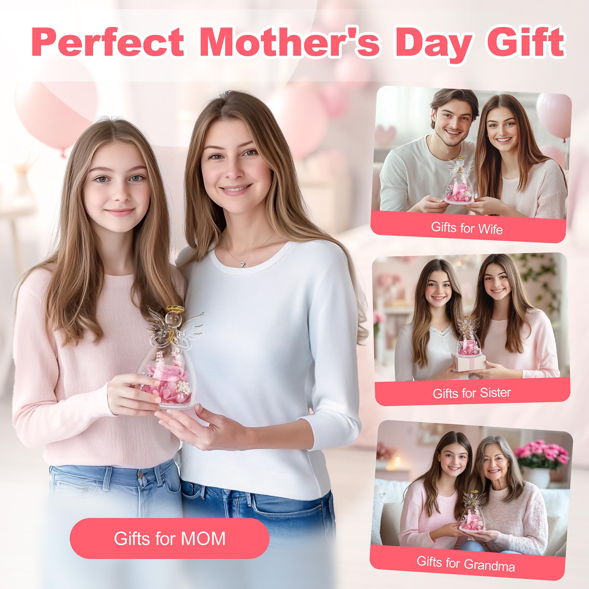 Preserved Rose in Glass Angel Figurines - Mother's Day, Birthday & Anniversary Gift for Mom, Grandma, Wife & Sister - Perfect for Home Decor, Wedding Centerpieces & Romantic Keepsakes