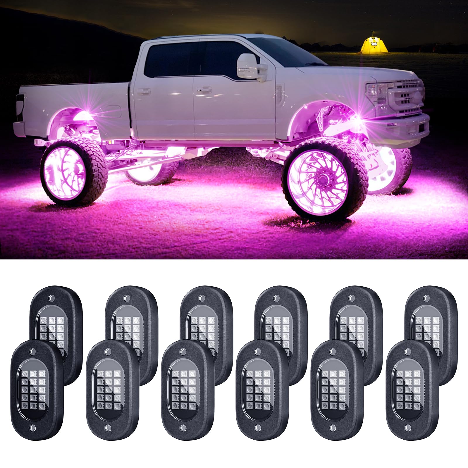 Honalia 12-Pod Multicolor LED Rock Lights for Trucks - App Controlled RGB Underglow Lights with Music Sync Mode | Waterproof 12V Rock Lights for UTV, SUV, ATV, RZR | Perfect for Off-Roading, Car Shows & Night Driving