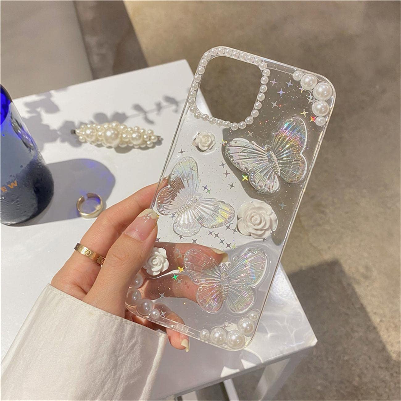 Fycyko iPhone 15 Case - 3D Butterfly Floral Clear Phone Cover with Glitter & Crystal Sparkle Design | Aesthetic Protective Case for Women & Teen Girls | Includes Pearl Chain | Perfect for Everyday Use, Parties & Gifts