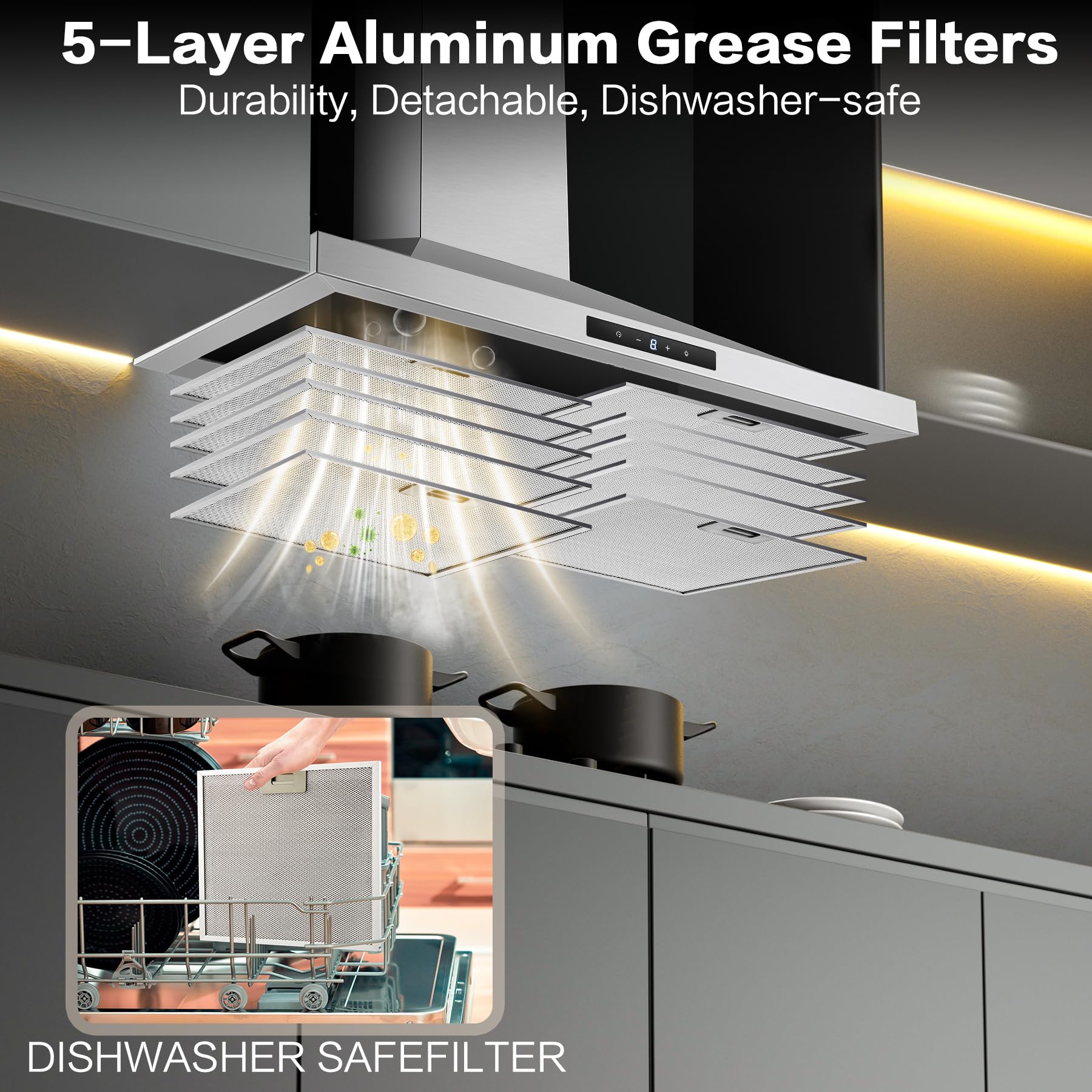 30 Inch Stainless Steel Range Hood - Wall Mount Kitchen Vent Hood with 3 Speed Settings, Touch Control, 5-Layer Mesh Filters & LED Lights | Ducted/Ductless Convertible for Home, Restaurant & Commercial Kitchen Use