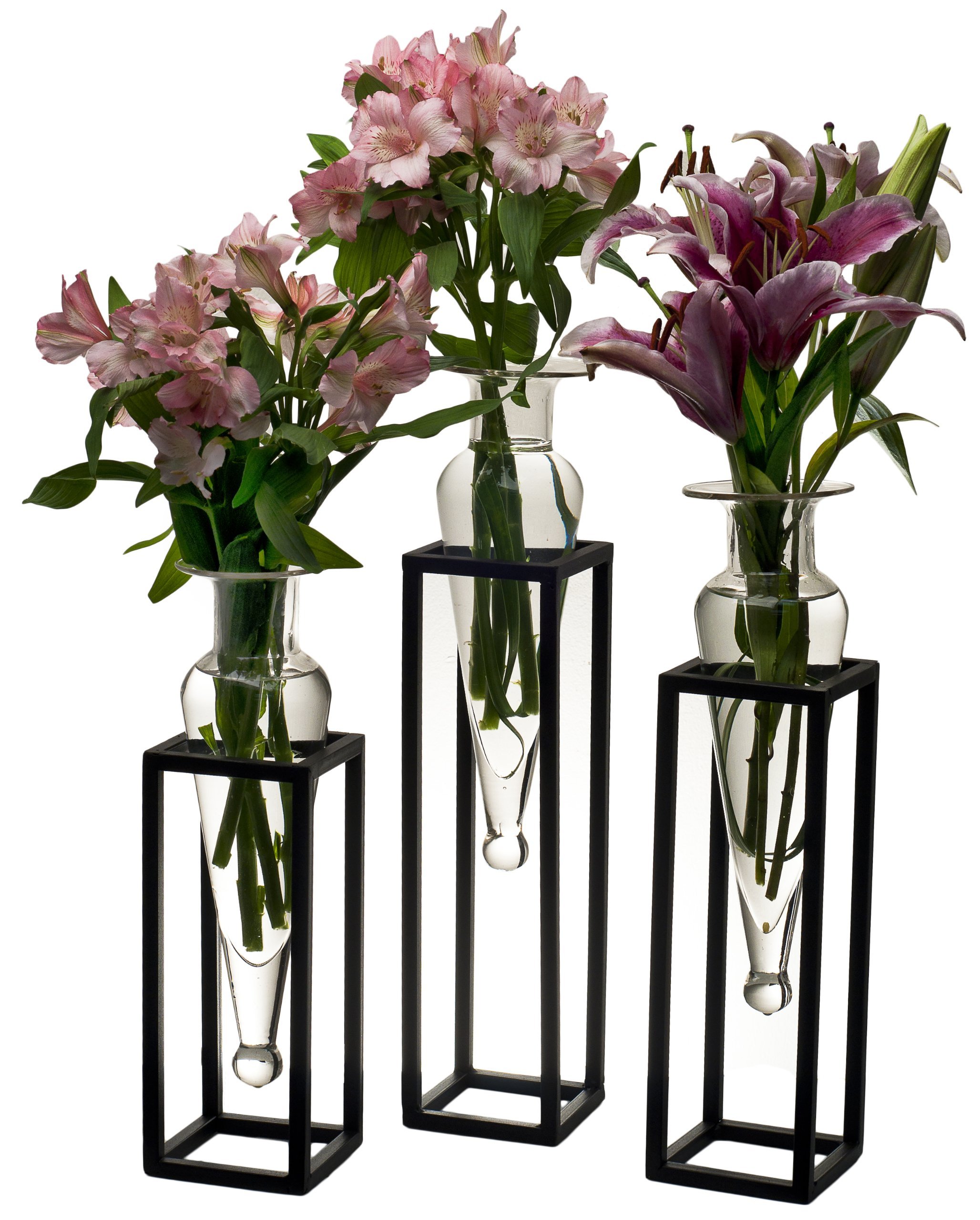 Set of 3 Clear Glass Amphora Vases with Modern Square Metal Stands - Elegant Home Decor for Living Room, Dining Table, Wedding Centerpiece