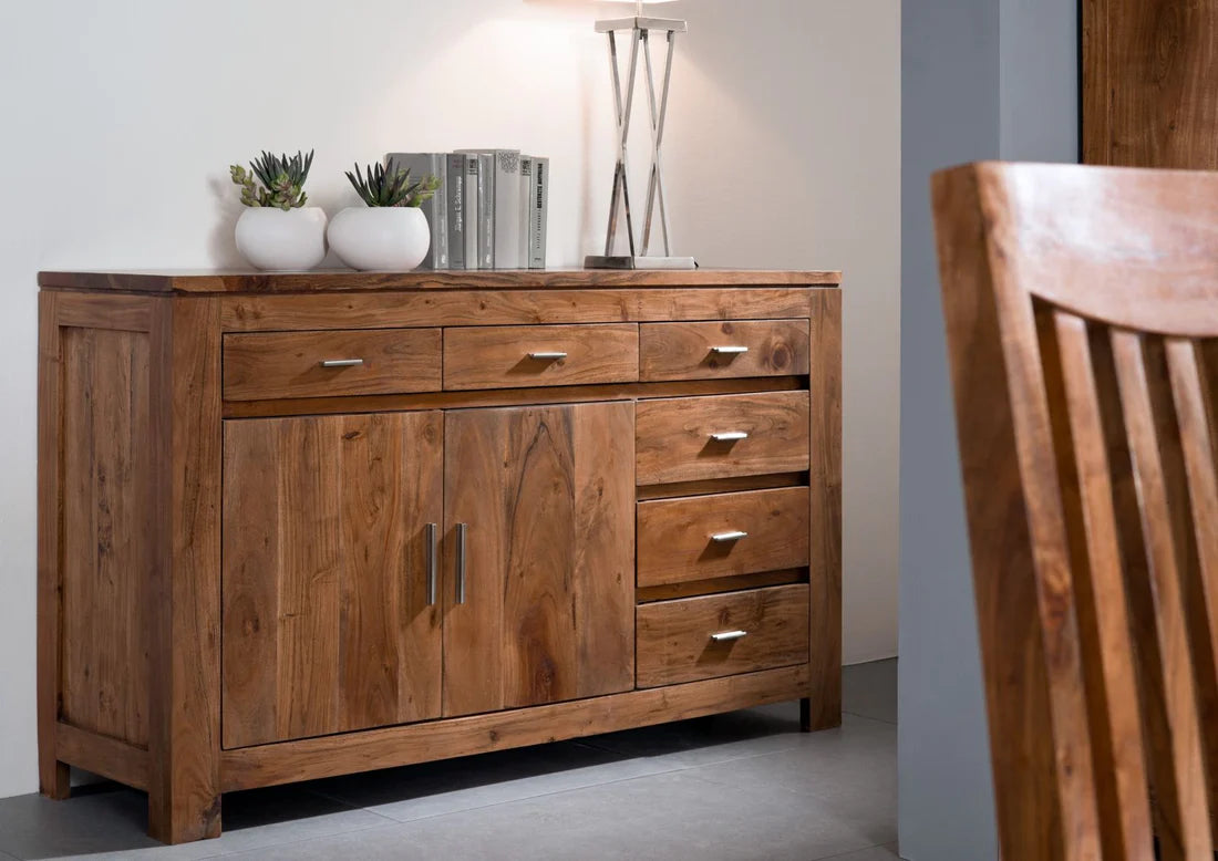 Gfine Solid Acacia Wood Sideboard - 2 Doors & 6 Drawers, 137x45x86cm - Perfect for Dining Room Storage & Living Room Organization