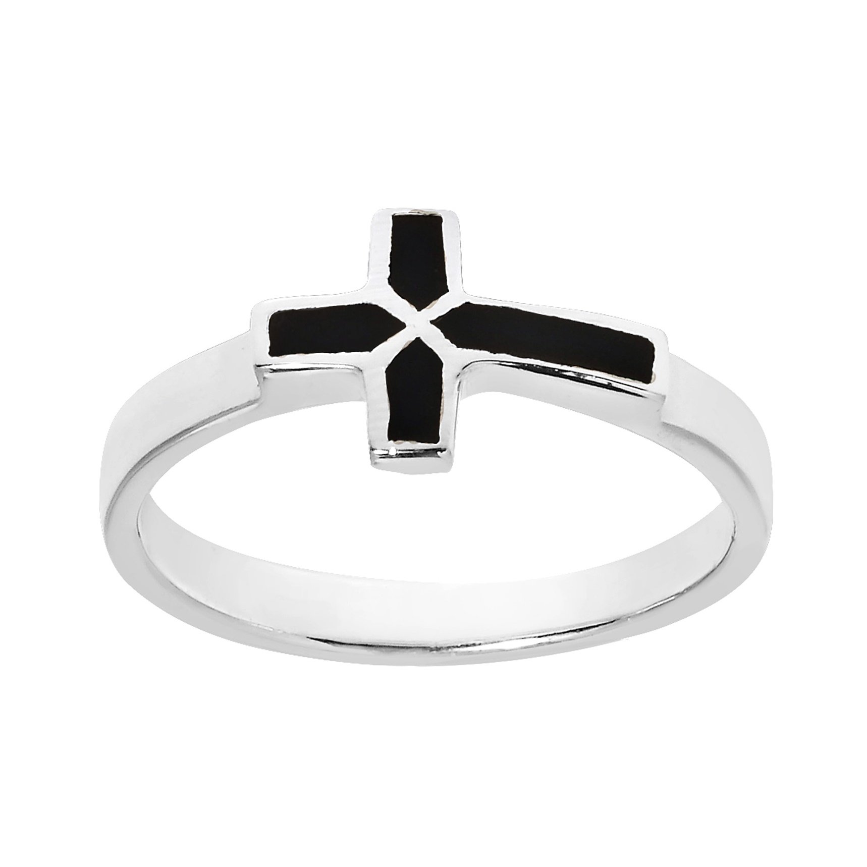 AeraVida Sideways Cross Simulated Black Onyx Inlay .925 Sterling Silver Ring for Women - Classic Wedding Band, Religious Jewelry, Comfort Fit Ring Sizes 6-9 | Perfect for Church, Daily Wear & Special Occasions