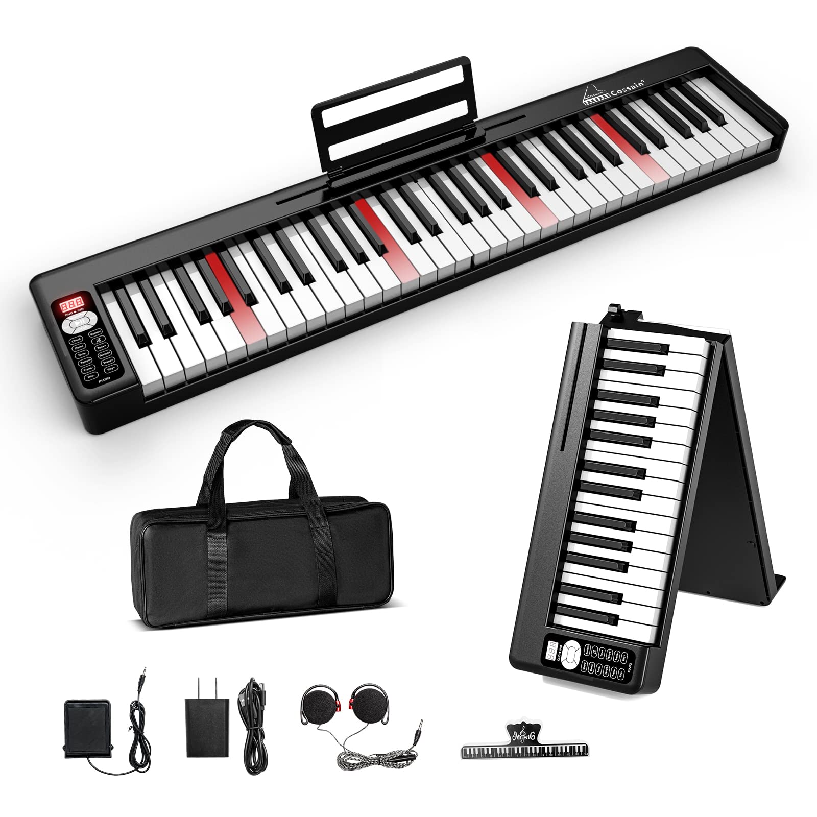 61-Key Folding Digital Piano with Light-Up Keys, Semi-Weighted Bluetooth MIDI Keyboard - Portable Piano for Beginners, Teens & Adults (Includes Stand & Bag) - Perfect for Home Practice, Music Lessons & Live Performances