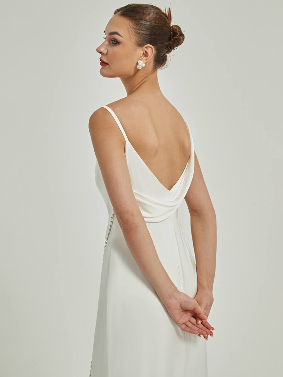 Elegant Diamond White Sheath Wedding Dress with V Back, Button Slit & Train - Perfect for Bridal Ceremonies, Formal Events & Evening Galas