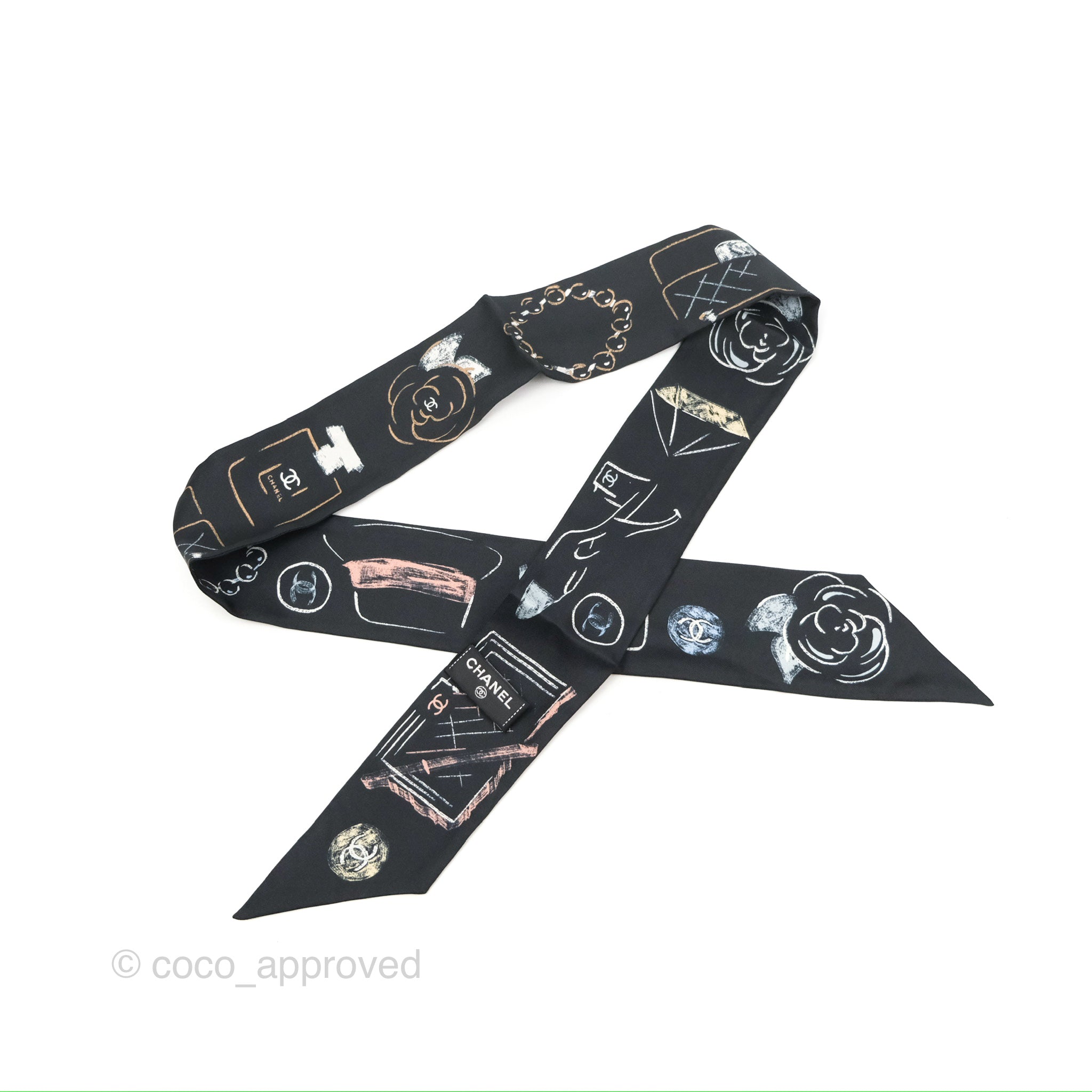 Chanel CC Silk Twilly Scarf - Black Luxury Designer Fashion Accessory for Women | Perfect for Handbags, Hats & Gift Giving