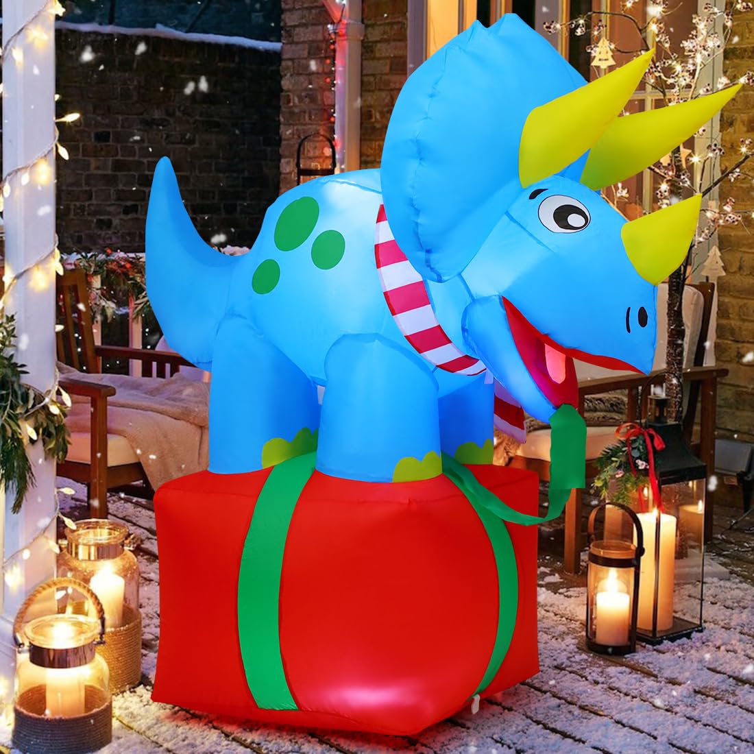 COMIN 5 FT Inflatable Dinosaur Christmas Decor with Built-in LED Lights - Outdoor/Indoor Holiday Yard Lawn Garden Decoration for Xmas Party, Home Decor & Festive Celebrations
