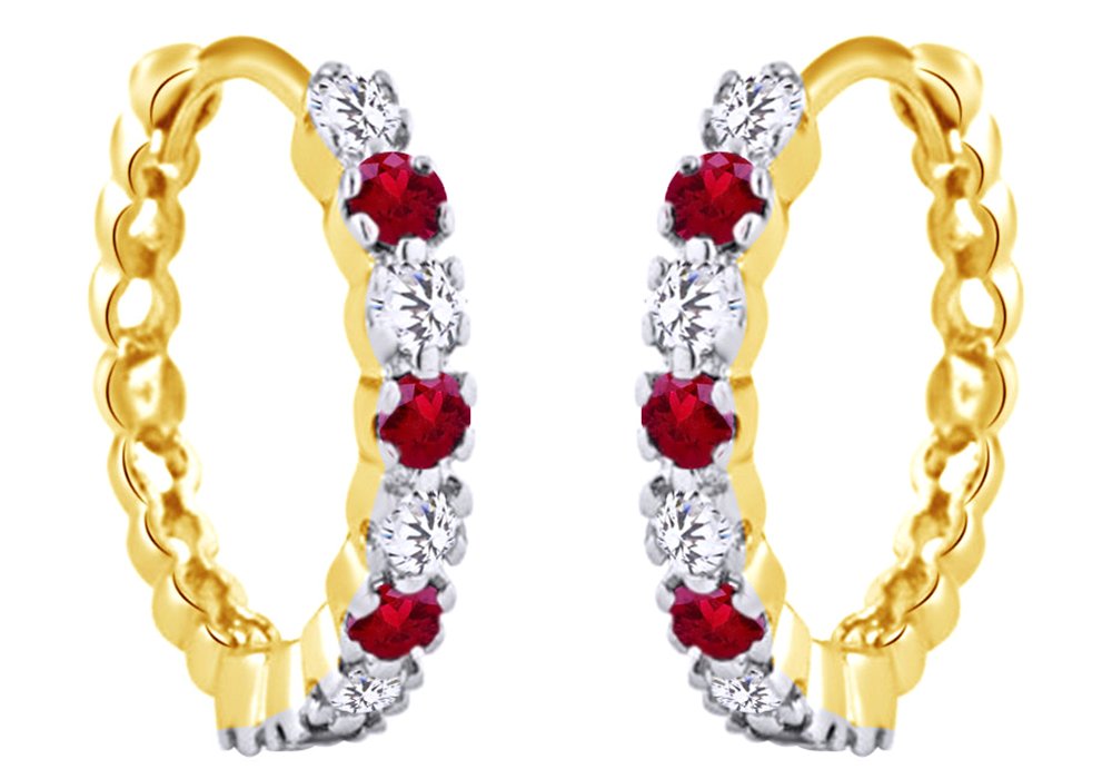 14K Gold Over Sterling Silver Round Cut Pink Ruby & White Sapphire Hoop Earrings for Women - Elegant Dangle Jewelry for Party, Wedding & Special Occasions