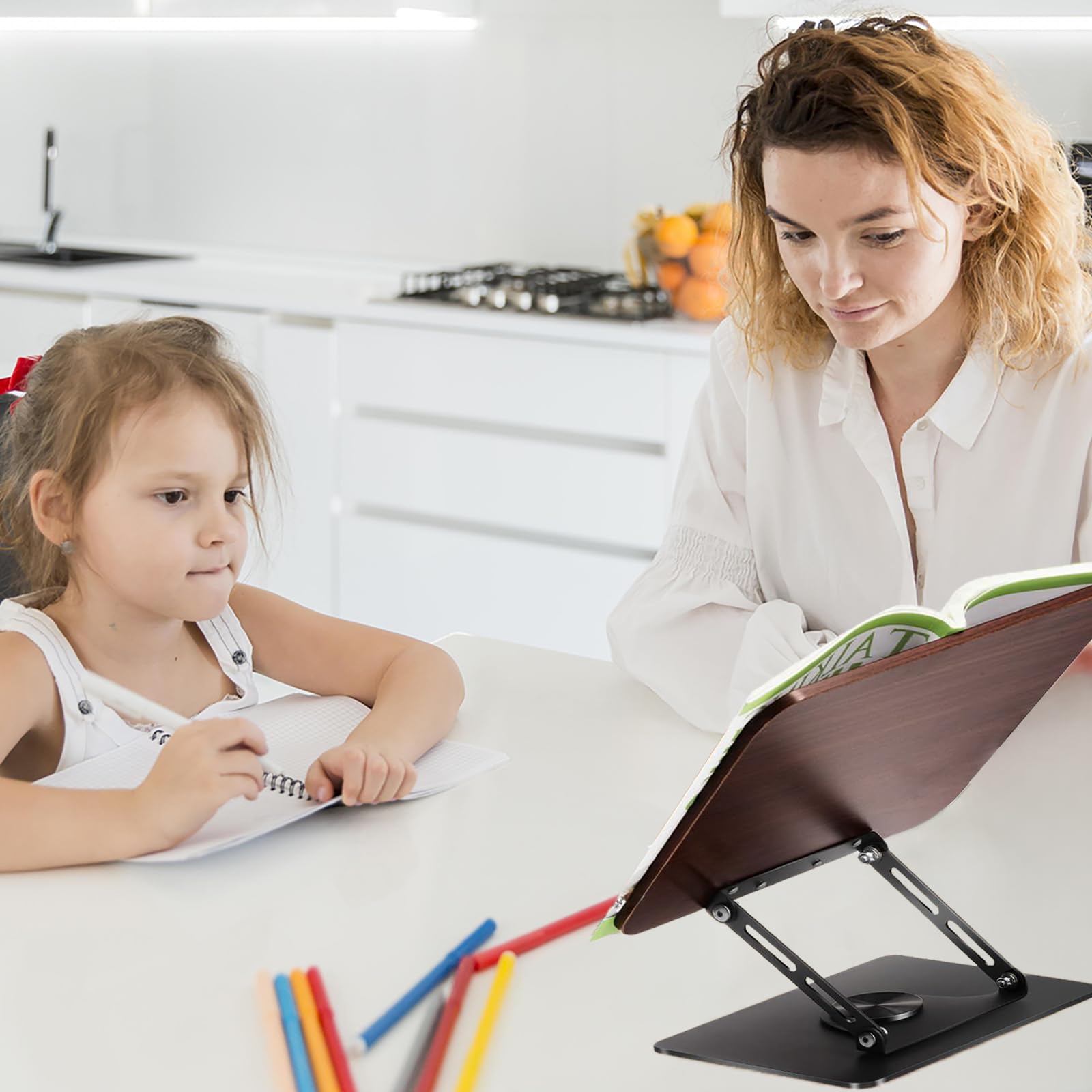 Adjustable 360° Rotating Book Stand with Foldable Design & Page Clips - Perfect for Cookbooks, Sheet Music, Tablets & Reading (Brown) | Ideal for Kitchen Cooking, Music Practice & Hands-Free Reading