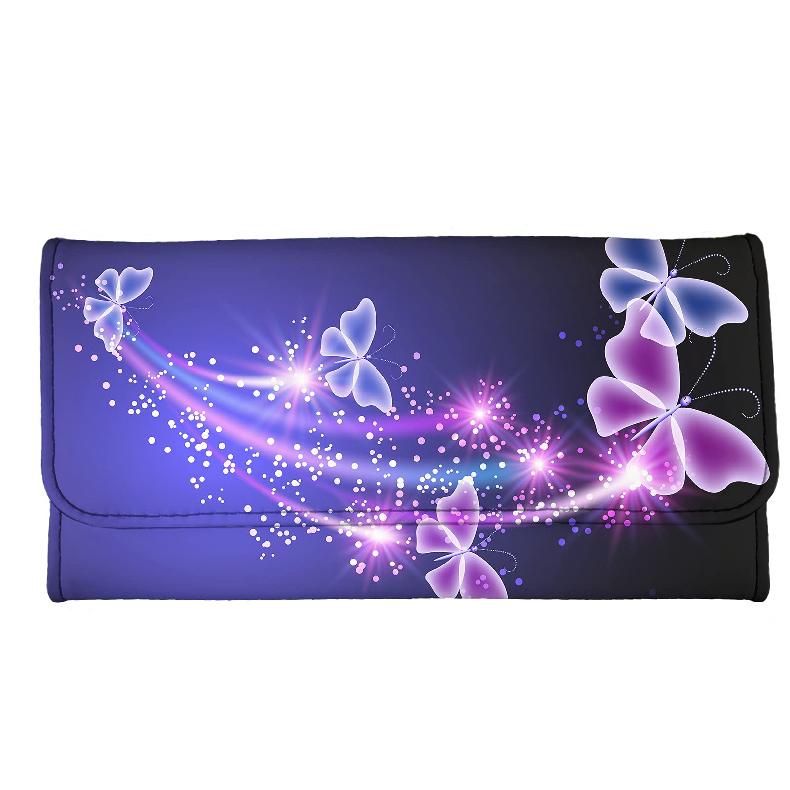Wanyint Women's Leather Clutch Wallet Bag - Blue & Pink Butterfly Print Handbag with Shiny Star Design, Animal Print Pouch - Perfect for Travel, Parties & Everyday Use