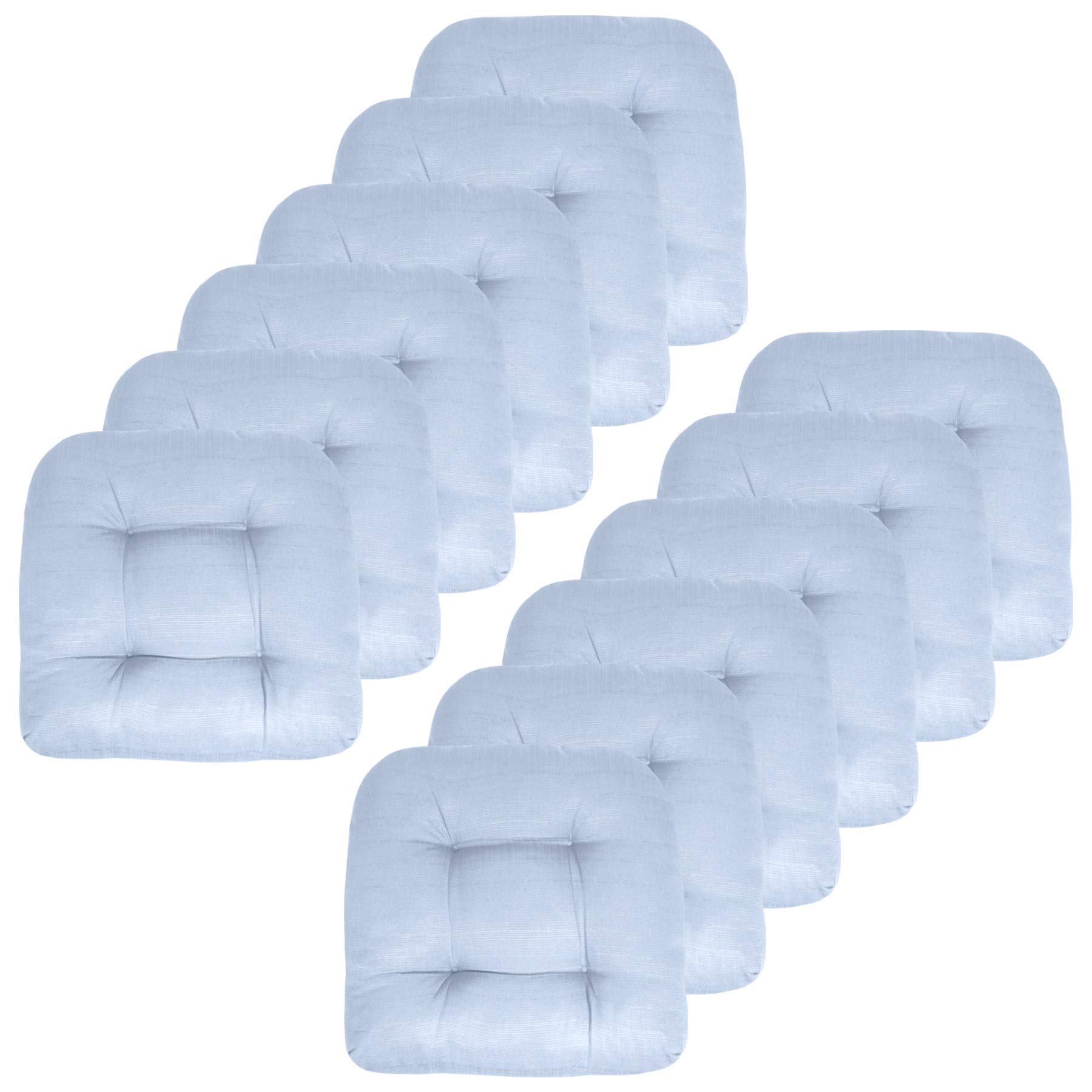 Premium Outdoor Chair Cushions 19x19 Inch - Thick Tufted Fiber Fill Seat Pads, Light Blue (Pack of 12) - Sweet Home Collection Patio Cushion Set for Garden, Poolside & Deck Furniture - Water Resistant & Comfortable