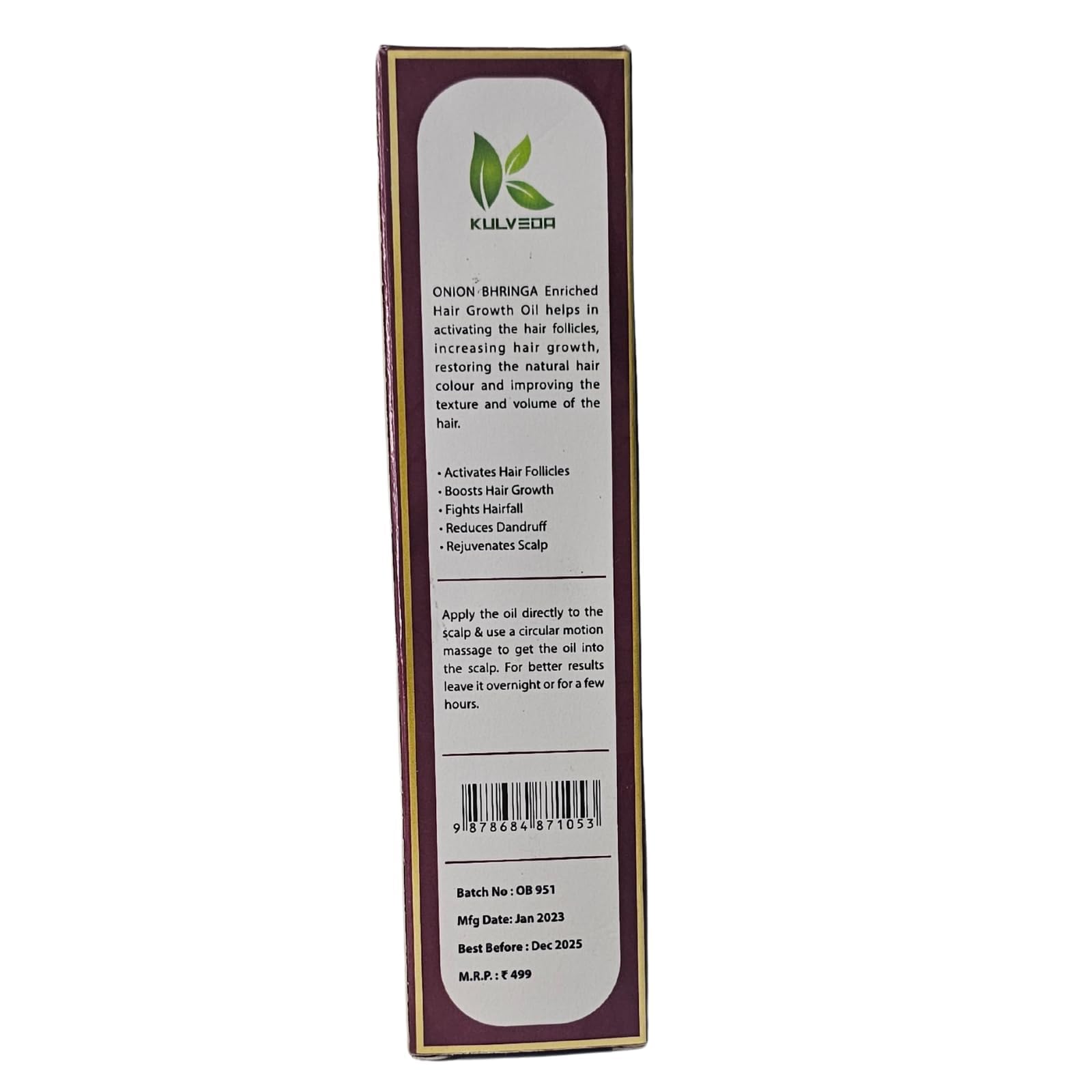 Kulveda Bhringraj Ayurvedic Hair Oil with Onion & Bhringa - 100ml | Natural Hair Growth Treatment for Men & Women | Reduce Hair Fall & Promote Thicker Hair | Daily Scalp Care & Massage Oil