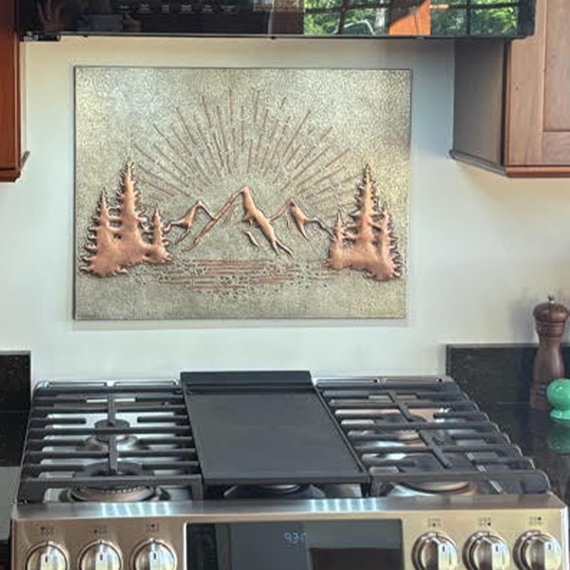 Handmade Copper Kitchen Backsplash Tile - Mountain Sunrise Design, Nature-Inspired Copper Backsplash Panel for Indoor/Outdoor Wall Decor (Gray & Copper) | Perfect for Kitchen Remodel, RV, and Outdoor Living Spaces