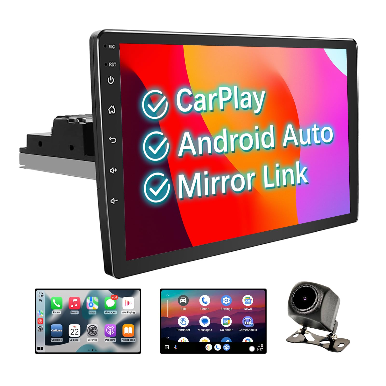 Binize 10 Inch Single Din Car Stereo - Android Touchscreen Radio with Wireless CarPlay & Android Auto, Mirror Link, Backup Camera Support - Perfect for Upgrading Your Car Audio System for Commuting & Road Trips