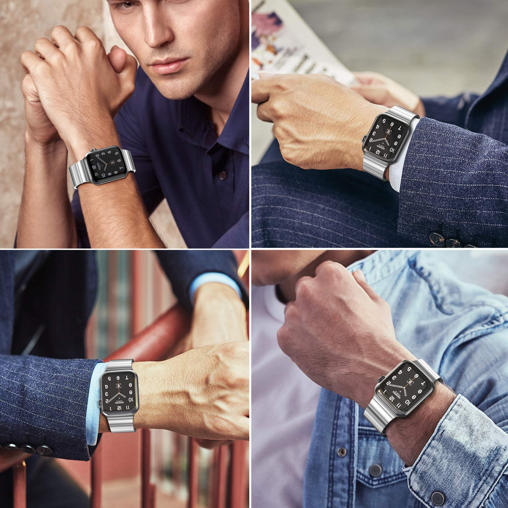 Fitlink Upgraded Stainless Steel Metal Watch Band for Apple Watch Series 6/SE/5/4/3/2/1 - 38mm 40mm Compatible Bands - Silver, Perfect for Workout, Office & Everyday Wear