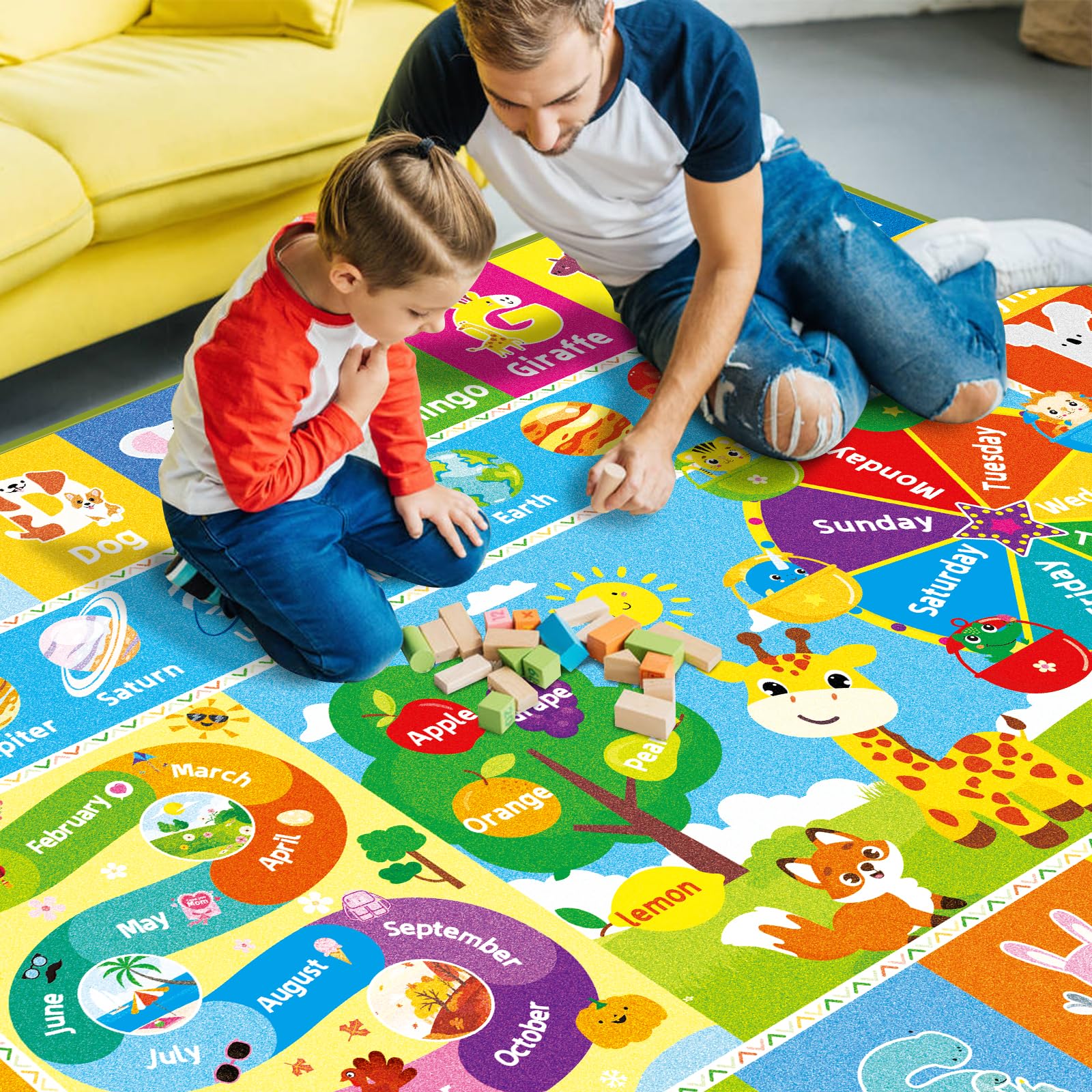 **AKASISRUG Educational Kids Play Mat - ABC, Animals, Months, Weeks, Fruits & Planets Learning Rug for Playroom, Classroom & Bedroom - Non-Slip Baby Play Mat (78.7
