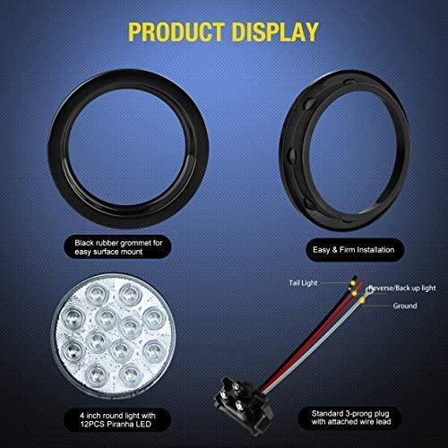 4 Inch White Round 12 LED Tail Lights (Pair) - Universal Fit for Cars, Trucks, SUVs & Motorcycles - Waterproof & Durable for Night Driving & Off-Road Adventures