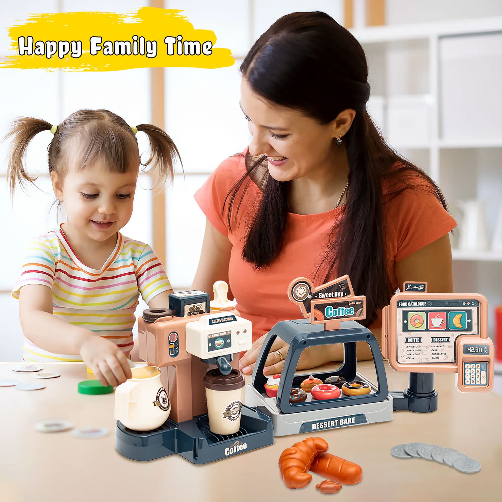 Jomifin Pretend Play Coffee Shop Set for Kids - 41Pcs Classic Edition with Coffee Maker Machine & Fake Donuts - Educational Role Play Toy for Boys & Girls - Perfect for Birthday Gifts & Preschool Learning Activities