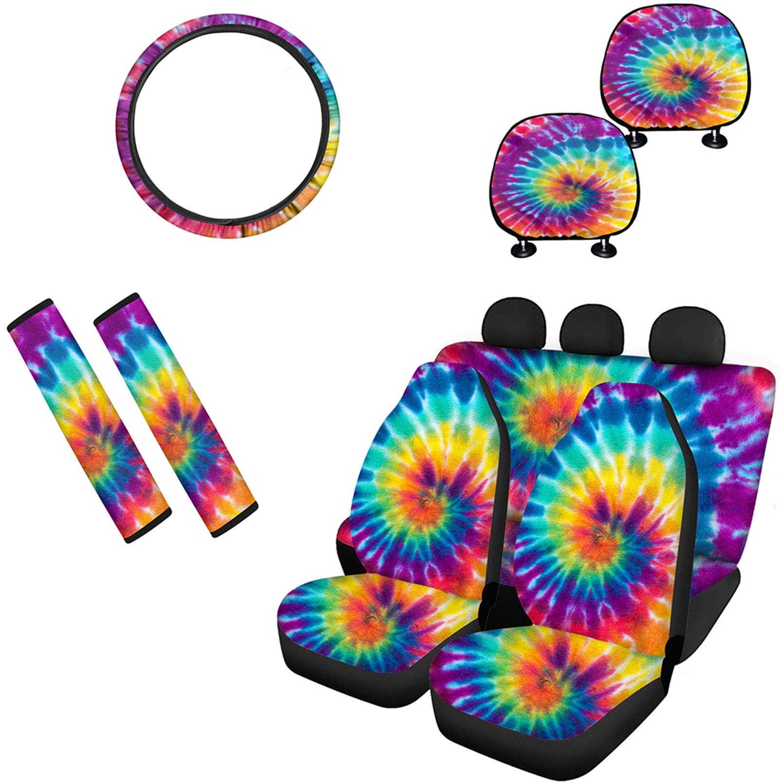 Babrukda 9-Piece Rainbow Tie-Dye Car Interior Accessories Set - Seat Belt Covers, Steering Wheel Cover, Front & Rear Seat Covers, Headrest Covers for Sedan, SUV, Van & Truck | Vibrant Car Styling & Comfort Upgrade