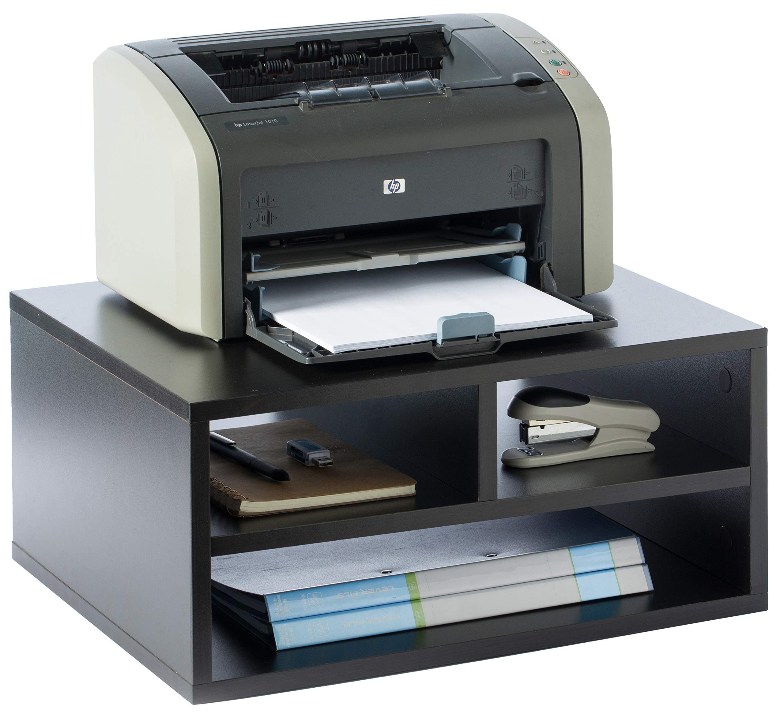 Basicwise Wooden Printer Stand Shelf - Black Office Desktop Organizer with Storage Compartment | Perfect for Home Office, Workspace & Small Business Organization