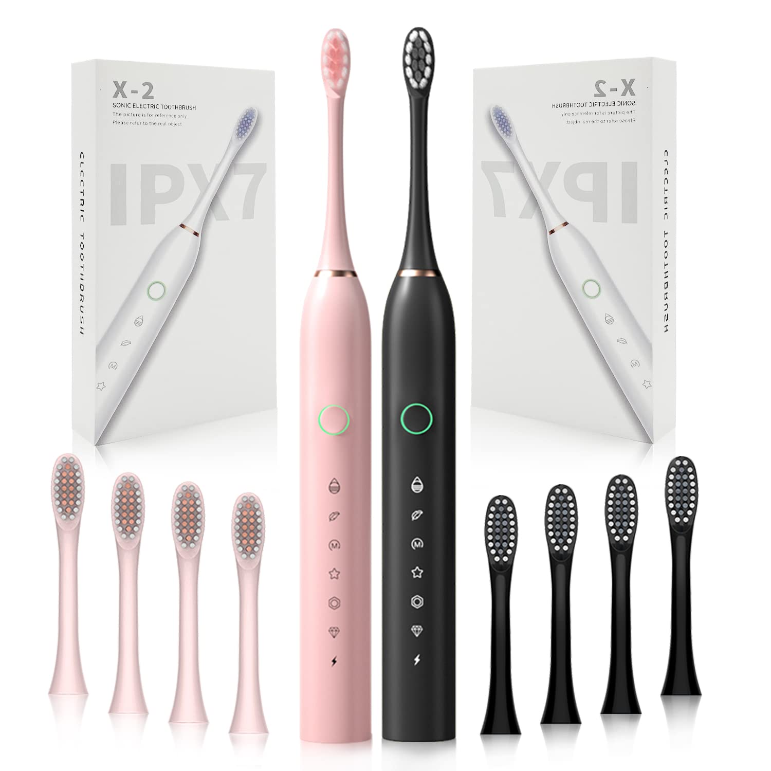 SENWEN 2 Pack Rechargeable Electric Toothbrush for Adults & Kids - Sonic Whitening Toothbrush with 8 Brush Heads, 6 Cleaning Modes, Smart Timer & IPX7 Waterproof - Pink & Black Dental Care Set for Family Oral Hygiene at Home & Travel