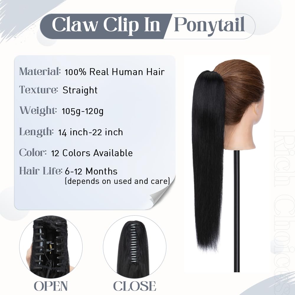 Rich Choices Jet Black 22 Inch 120g One Piece Claw Clip Human Hair Ponytail Extension - Real Hair Balayage Straight Ponytail for Women - Perfect for Parties, Weddings & Everyday Styling