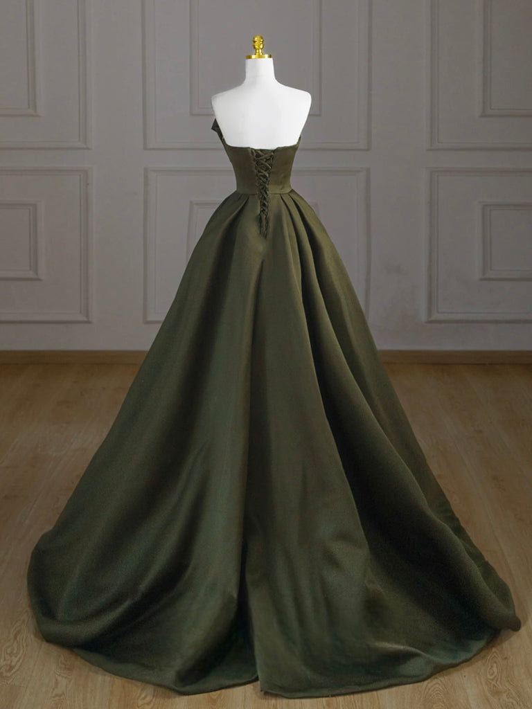 Elegant A-Line V-Neck Satin Green Long Prom Dress for Women - Formal Evening Gown for Homecoming, Ball, Wedding & Special Occasions