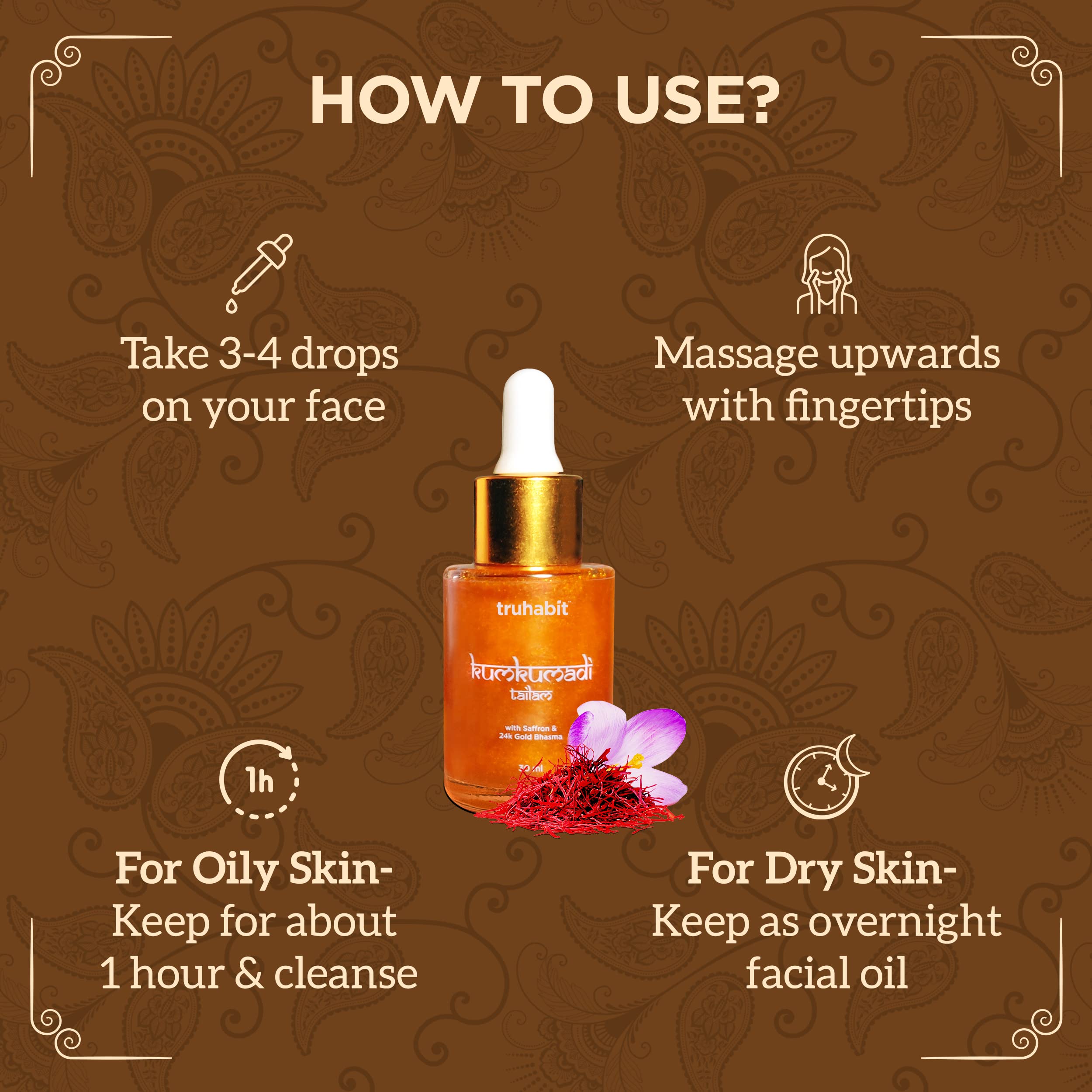 Truhabit Kumkumadi Face Oil (30ml) - Ayurvedic Saffron & 24K Gold Bhasma Serum for Glowing, Brightening & Whitening Skin - Best for Dull Skin Care & Nighttime Facial Treatment
