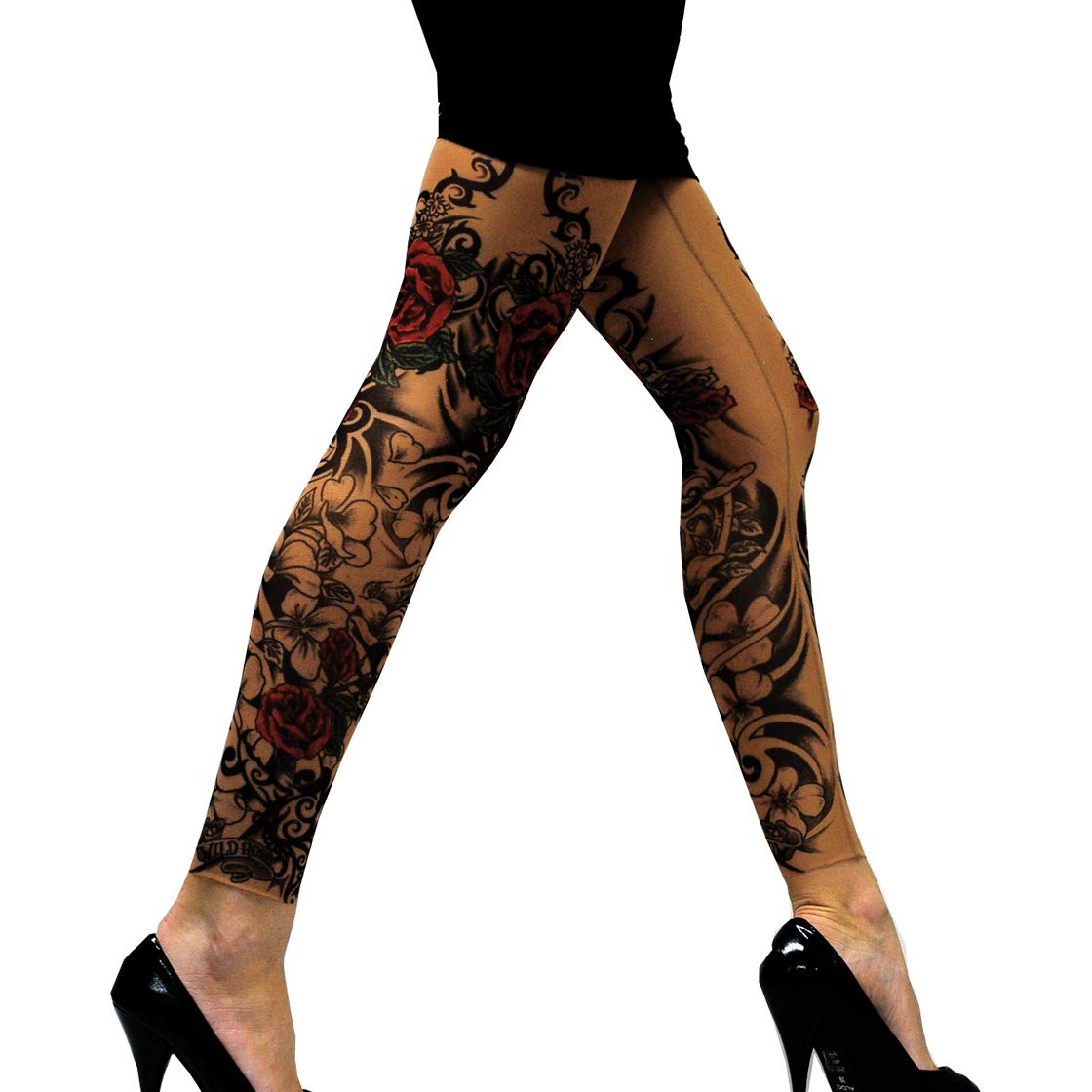 Wild Rose Flamenco Tattoo Mesh Leggings for Women - Red Rose Blackwork Design in Tan | Perfect for Dance Performances, Yoga & Fashion Outfits