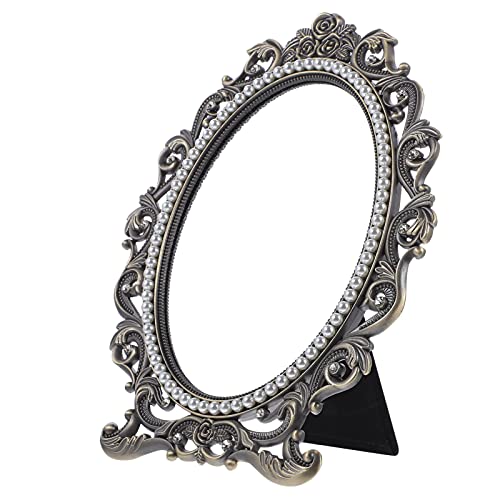 Vintage Oval Makeup Mirror with Pearl Embossed Design - Folding Vanity Mirror for Bathroom, Bedroom & Dressing Table - Silver Standing Cosmetic Mirror (Perfect for Makeup Application, Skincare Routine & Home Décor)
