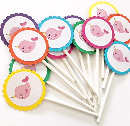 Pink Narwhal Cupcake Toppers - Set of 12 Adorable Unicorn Whale Decorations for Birthday Party, Baby Shower & Wedding Cakes - Food Safe DIY Baking Supplies