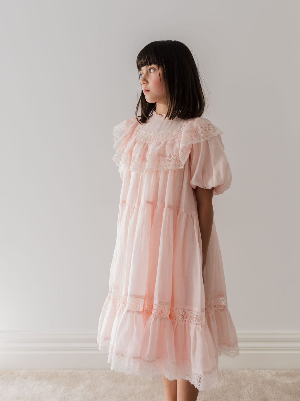 Petite Amalie Elbow Sleeve Poppy Lace Trim Soft Peach Dress - Elegant Floral Summer Dress for Women, Perfect for Weddings, Parties & Special Occasions