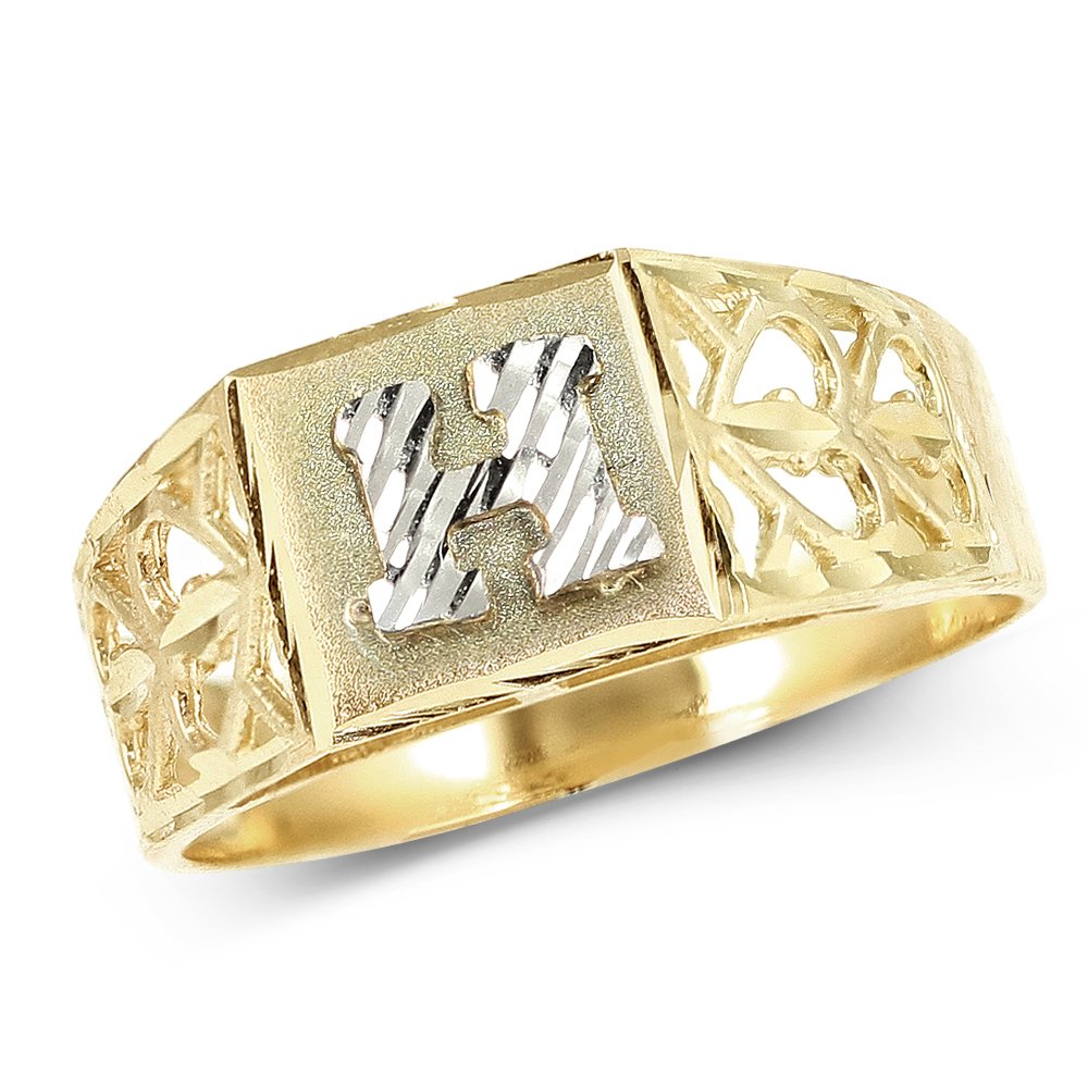 LoveBling 10K Yellow Gold Diamond Cut Alphabet Initial Ring for Women - Personalized Block Letter H - Elegant Jewelry Gift for Birthday, Anniversary & Valentine's Day