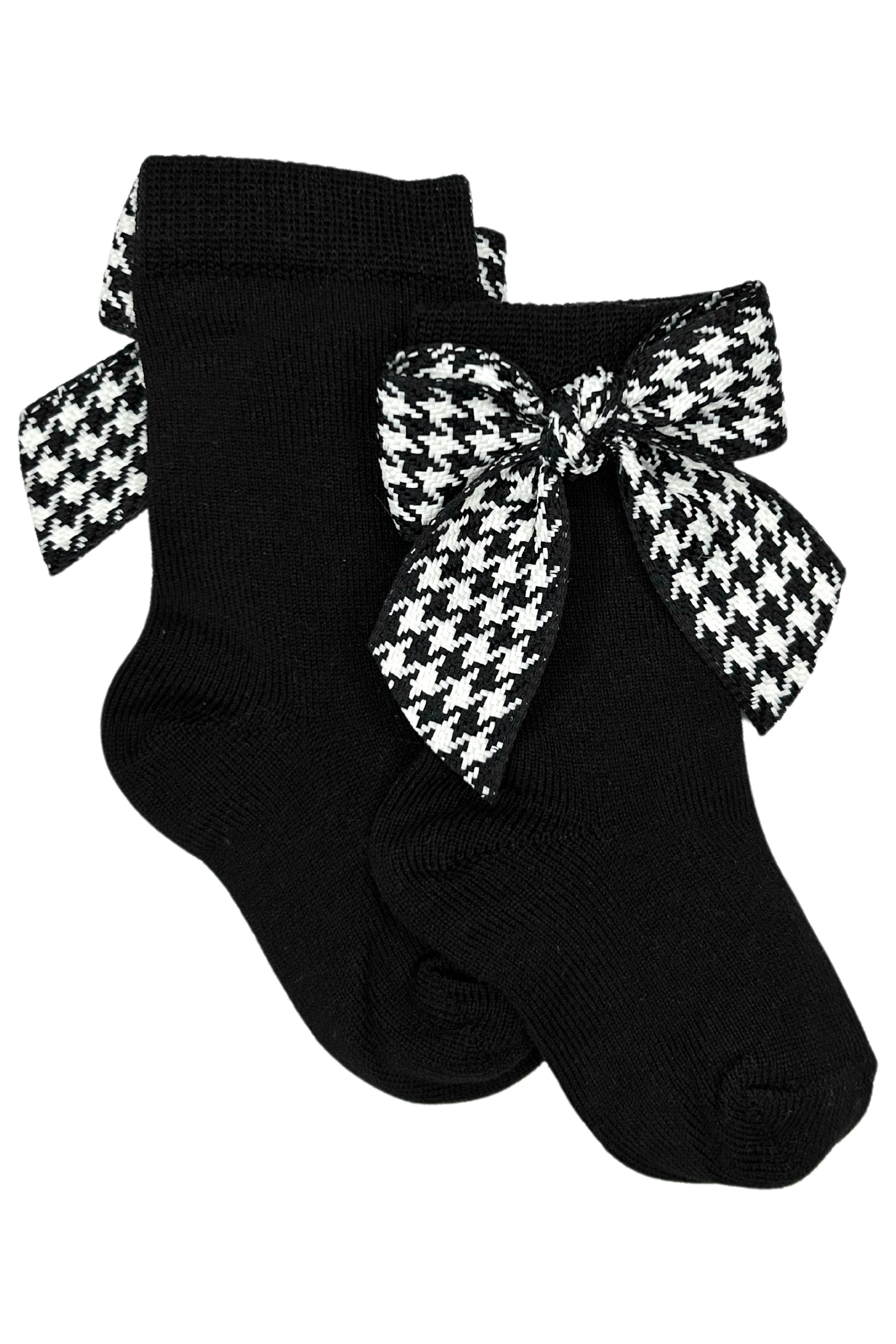 Black Houndstooth Bow Knee High Socks for Women - Fashionable Thigh High Stockings for Outfits, Cosplay & Winter Warmth