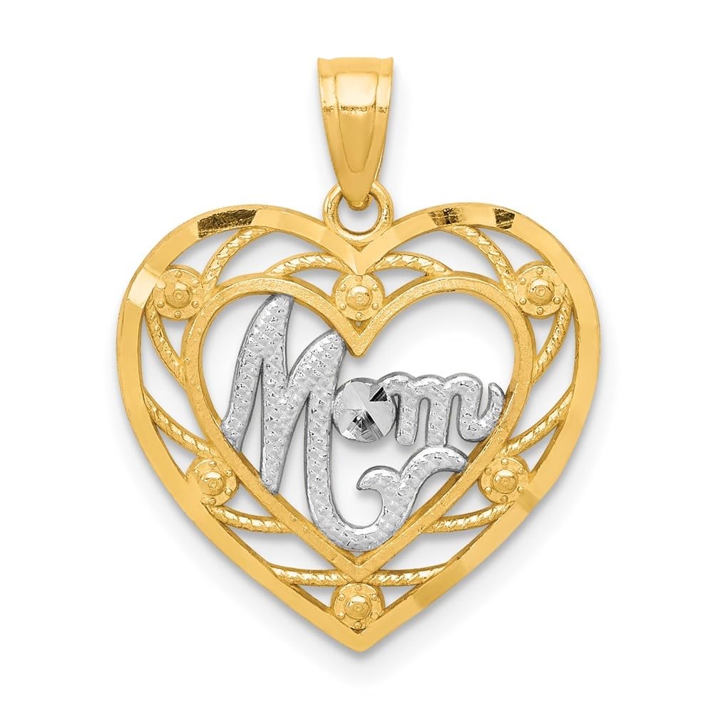 10K Yellow Gold & Rhodium Plated Mom Heart Charm Pendant - Diamond2Deal | Elegant Gift for Mother's Day, Birthday & Anniversary Jewelry