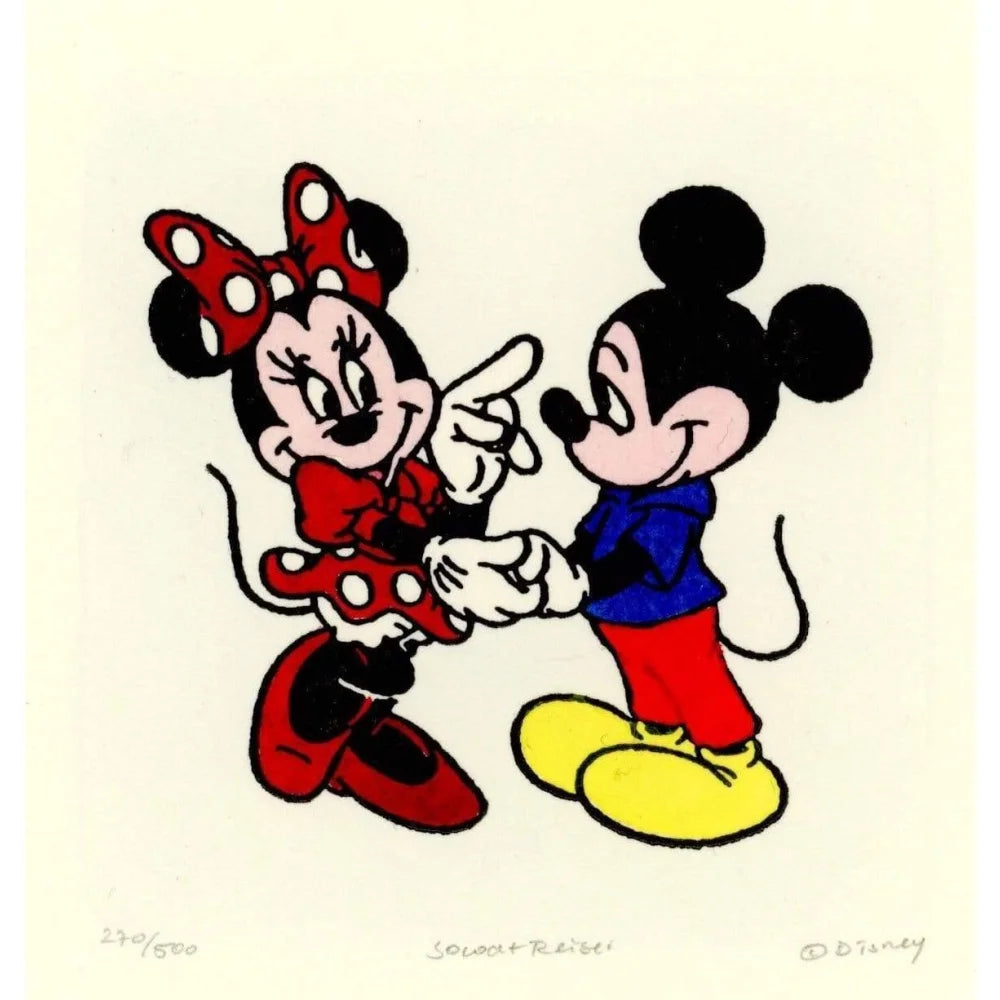 Hand Painted Mickey & Minnie Mouse Cartoon Etching Art - Limited Edition D/500 - Romantic Disney Collectible for Home Decor & Gift Giving