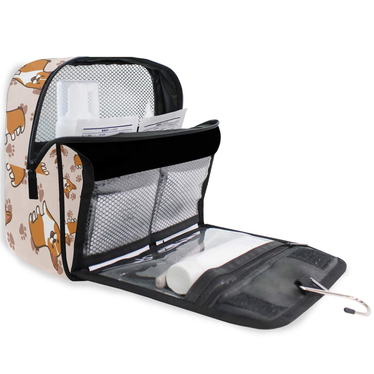 MOYYO Cute Cartoon Welsh Corgi Travel Hanging Toiletry Bag - Waterproof Cosmetic Makeup Organizer Pouch for Women & Girls - Perfect for Shower, Gym, Camping, and Vacation Trips